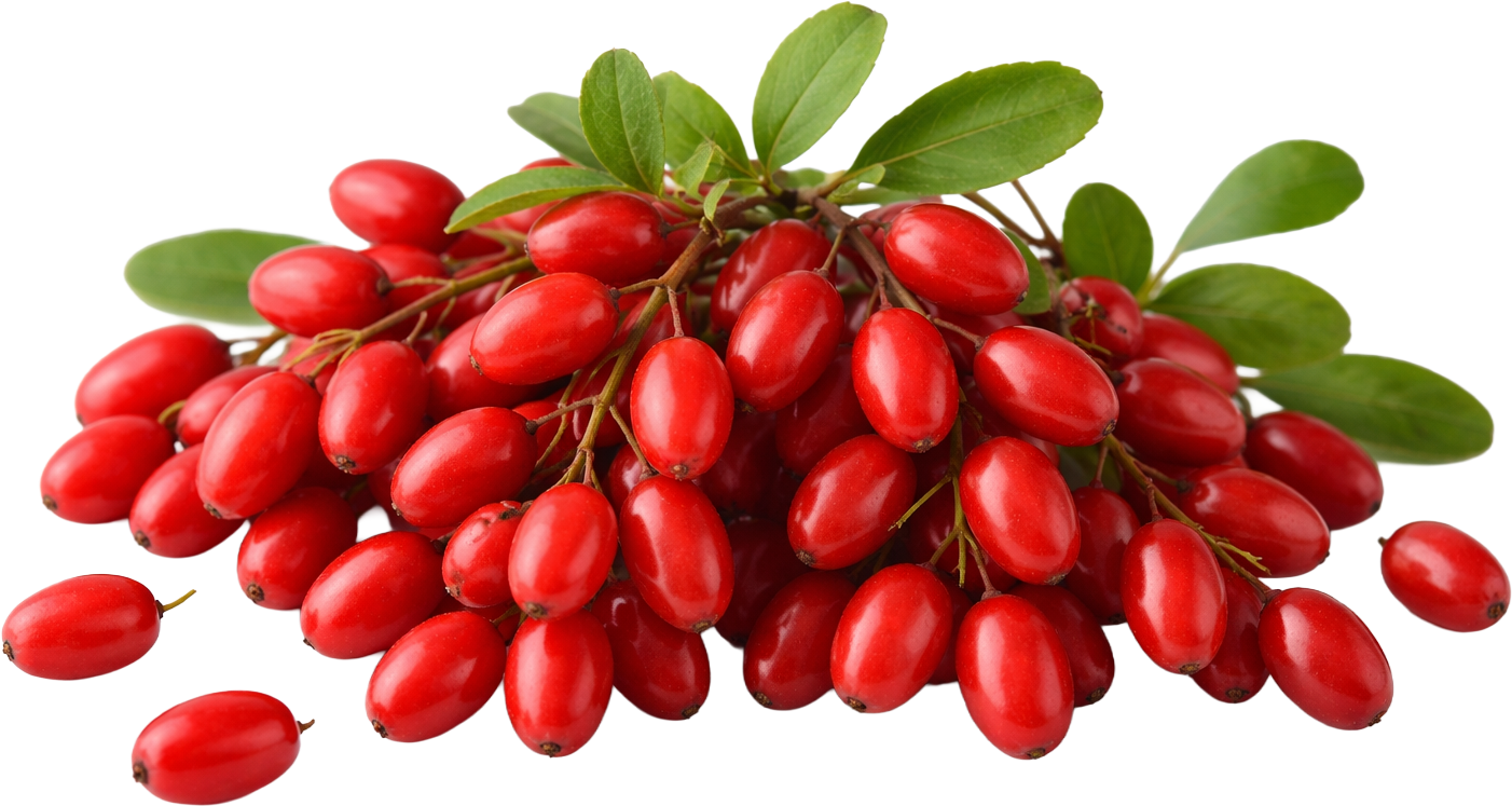 A large cluster of fresh red barberries with green leaves, isolated on a white background.