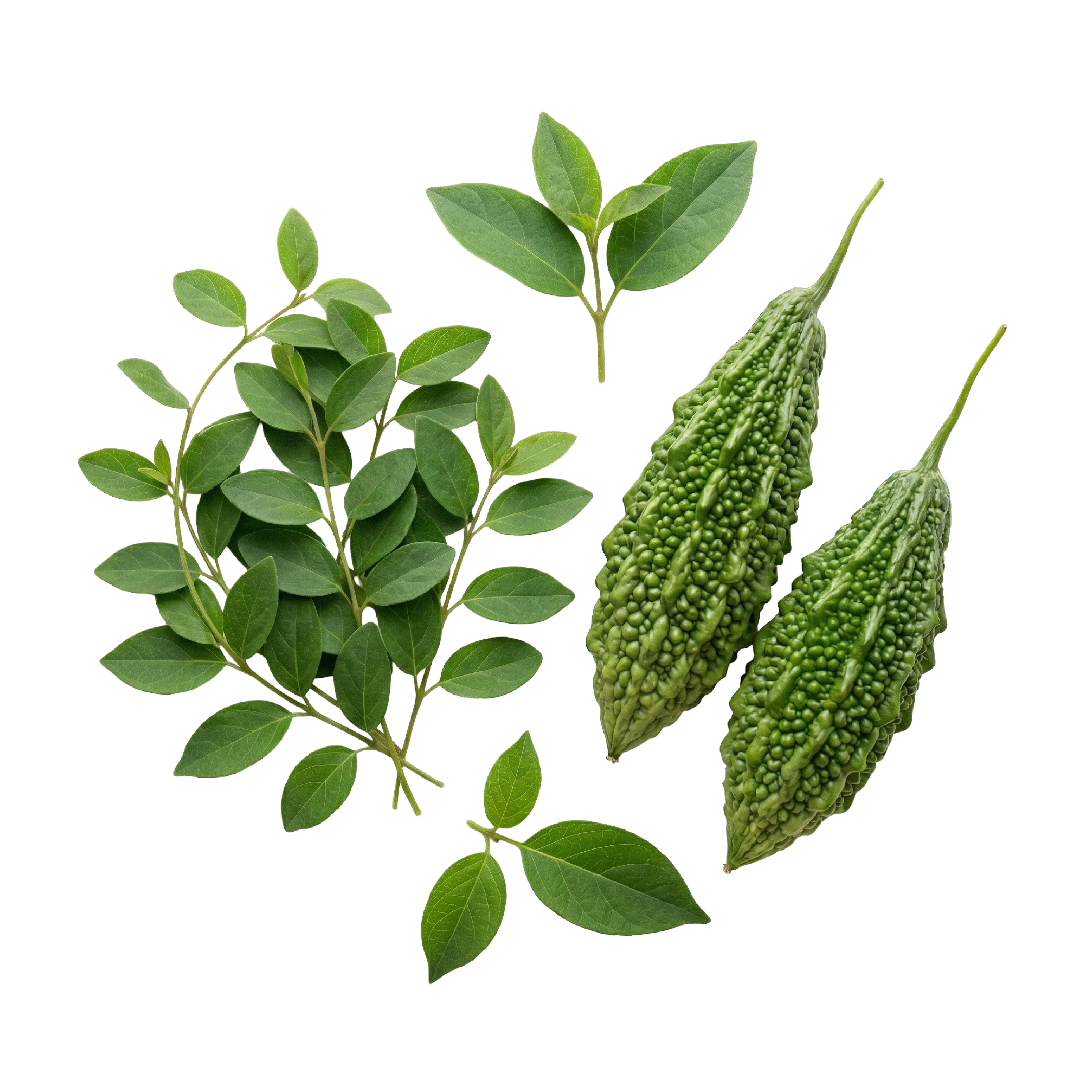 Two bitter melons and several leafy green stems isolated on a white background.