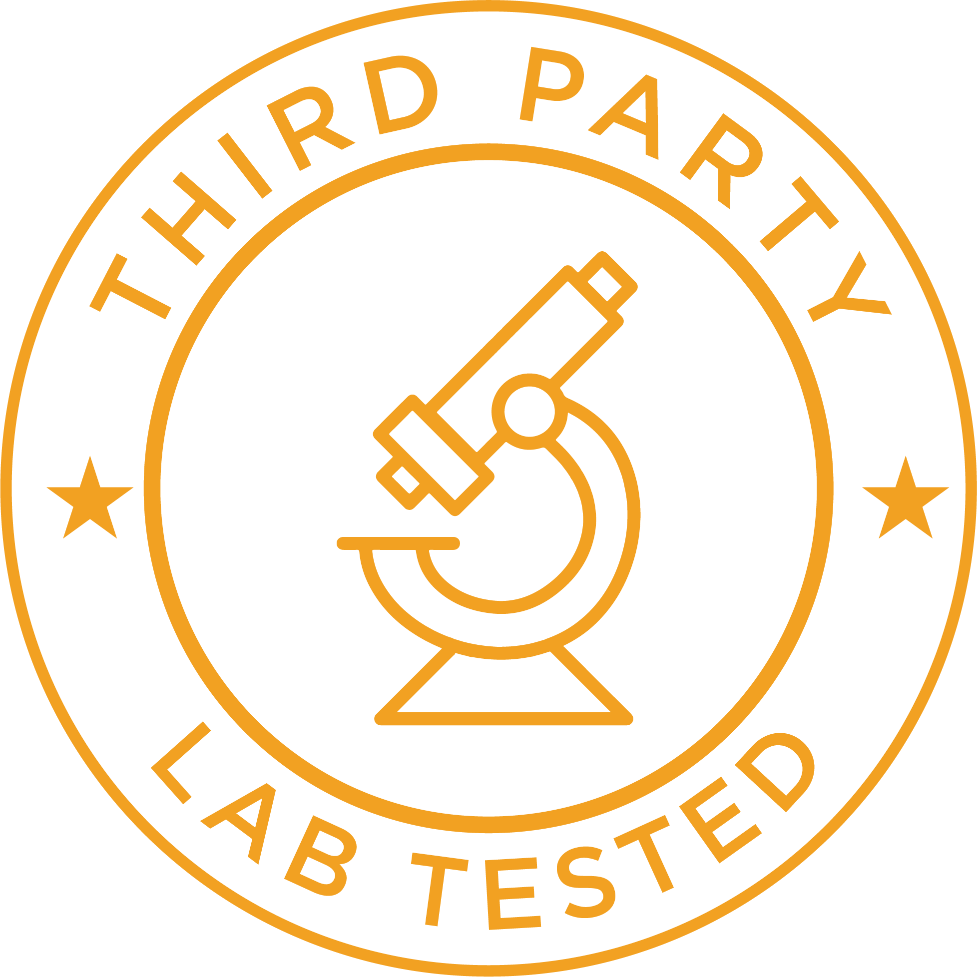 An orange circular seal with the text 'Third Party Lab Tested' and a microscope in the center.