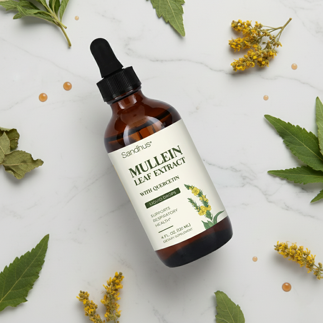 Bottle of mullein leaf extract with scattered leaves and flowers.