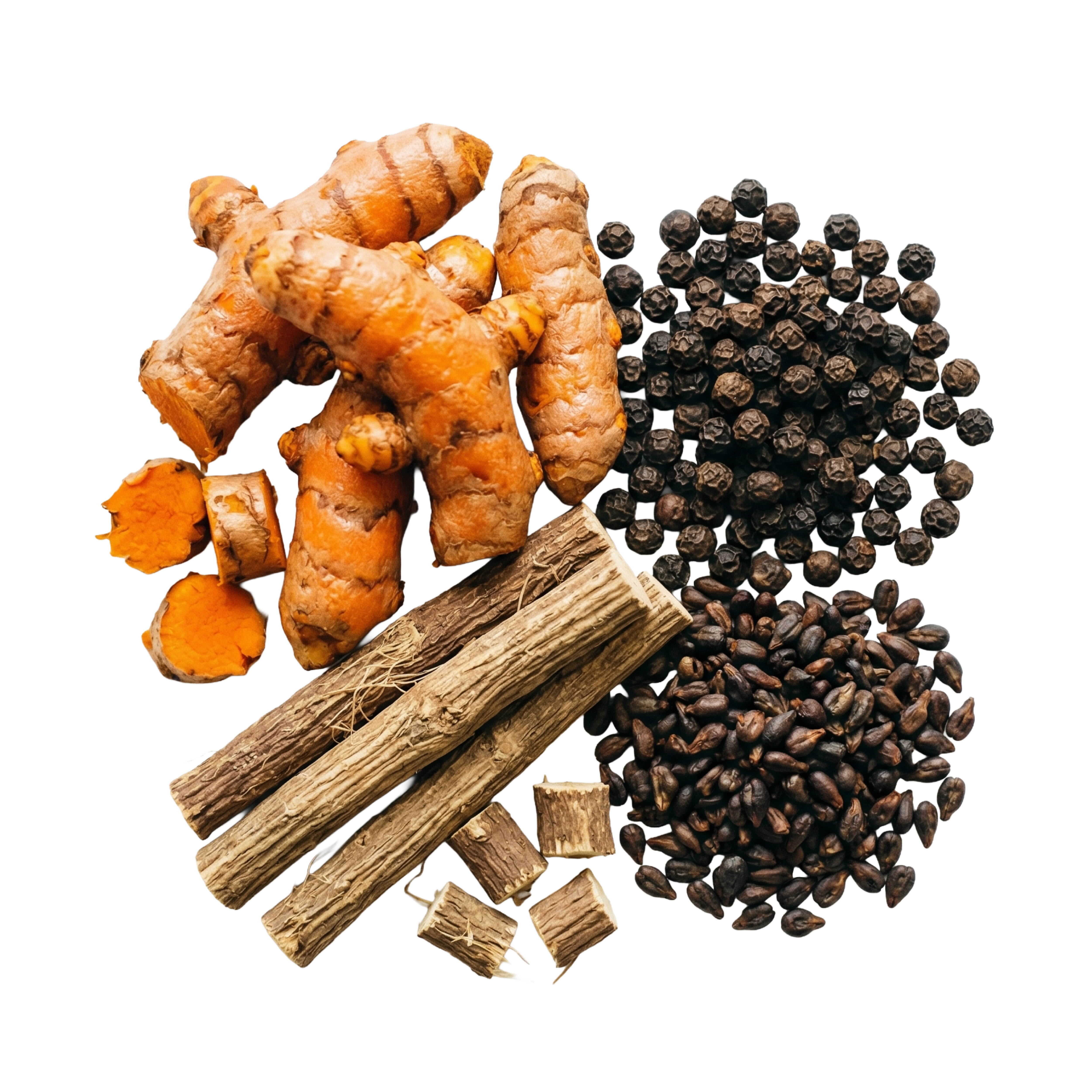 An overhead shot of turmeric root, black peppercorns, licorice sticks, and dark seeds against a white background.