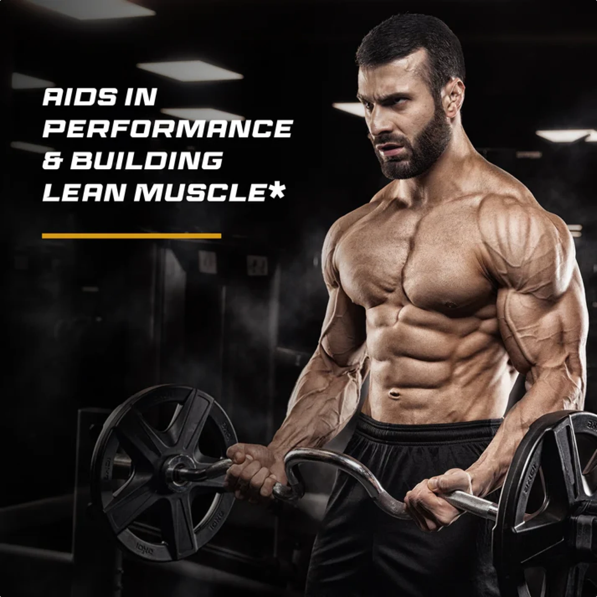 Muscular man lifting weights with text about performance and muscle building.