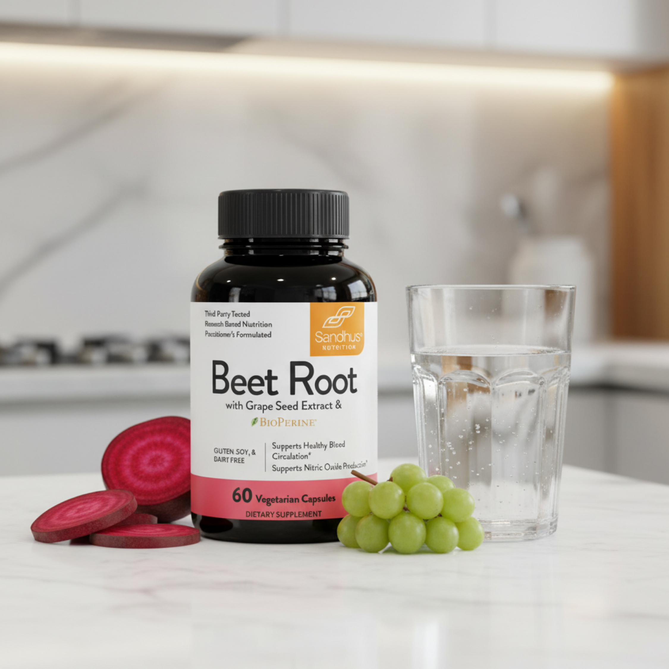 Beetroot supplement bottle with grapes, beet slices, and a glass of water on a kitchen counter.