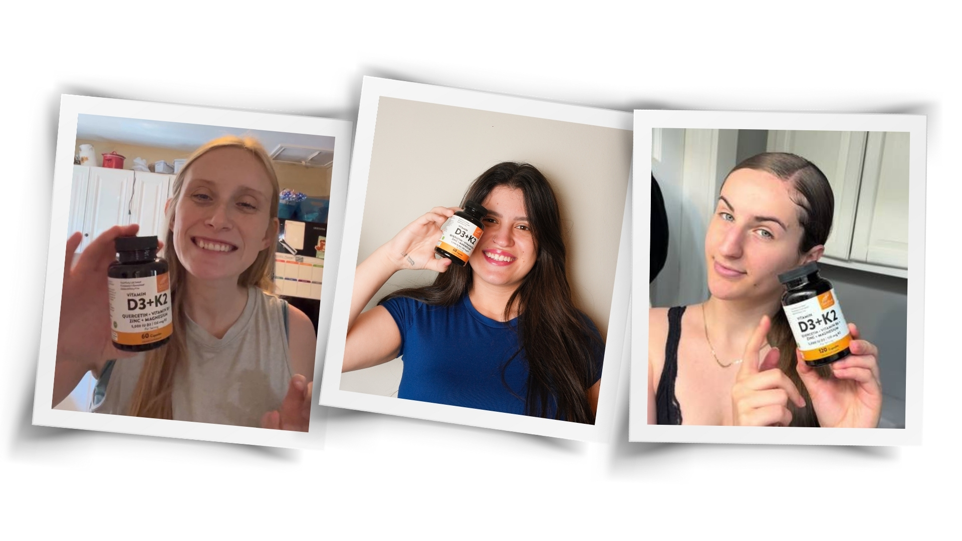 A collage of three women smiling while each holds a bottle of D3+K2 vitamins.