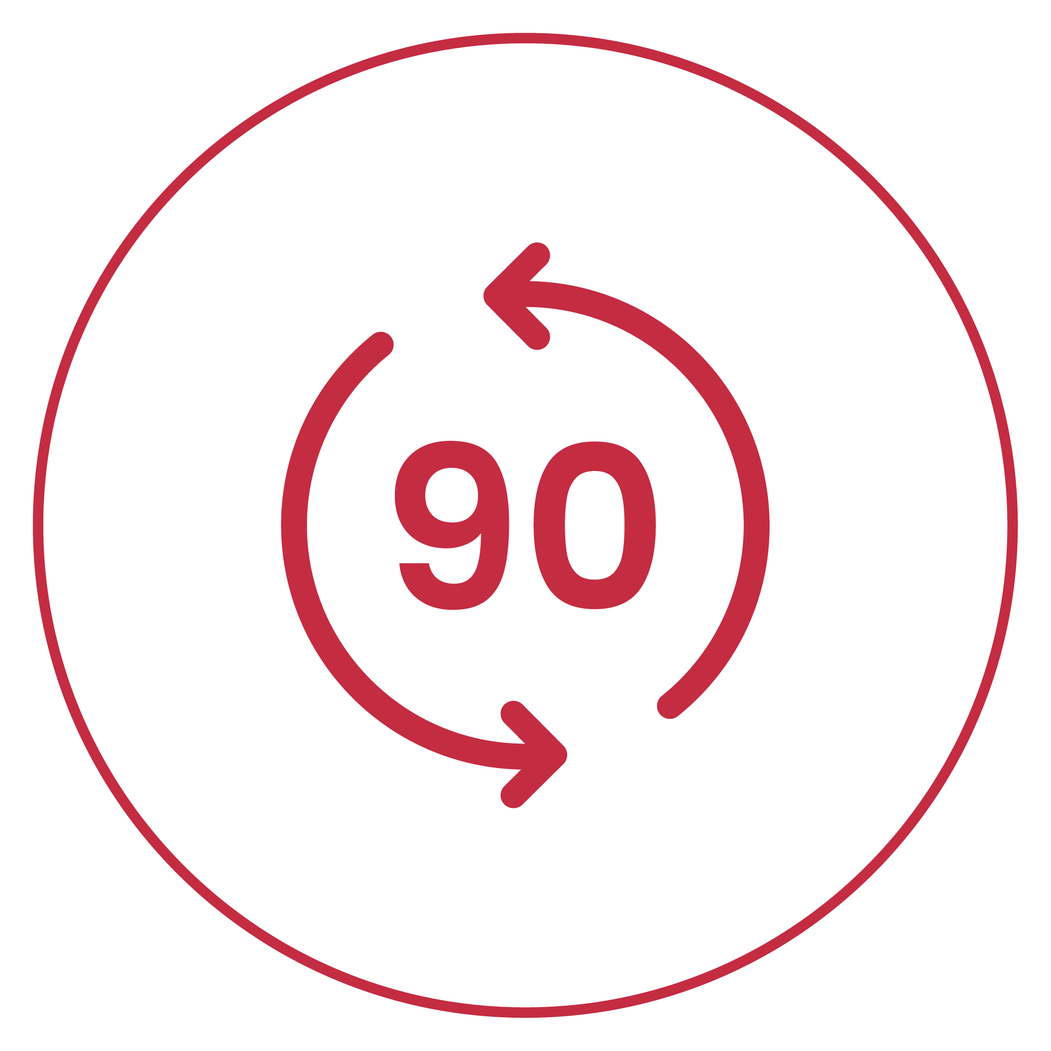 Red number 90 with circular arrows on a green background.