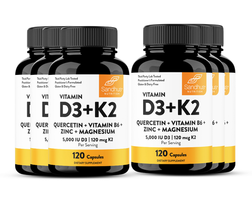 Six bottles of Sandhus Nutrition Vitamin D3+K2 dietary supplement arranged in two rows.