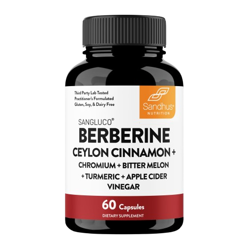 A bottle of Sandhus Nutrition Sangluco Berberine dietary supplement with 60 capsules against a plain background.
