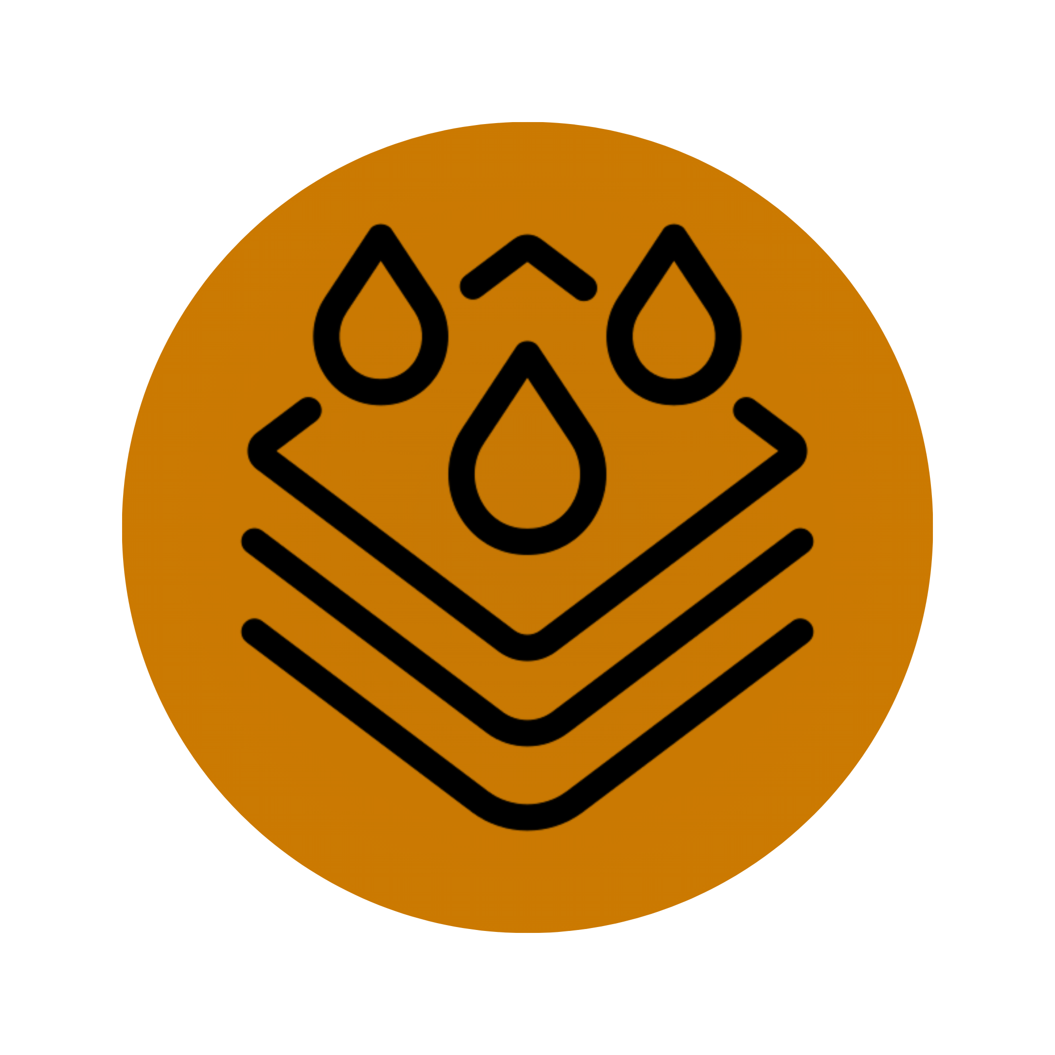 A black line icon of water droplets over stacked layers within an orange circle.
