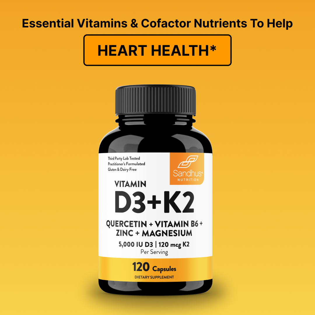 A bottle of Sandhus Nutrition Vitamin D3+K2 supplements against a solid orange background.