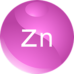 A pink, glossy sphere with the letters Zn in the center, representing the element Zinc.