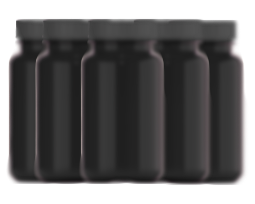A placeholder image of five plain, unlabeled black bottles arranged in a row.