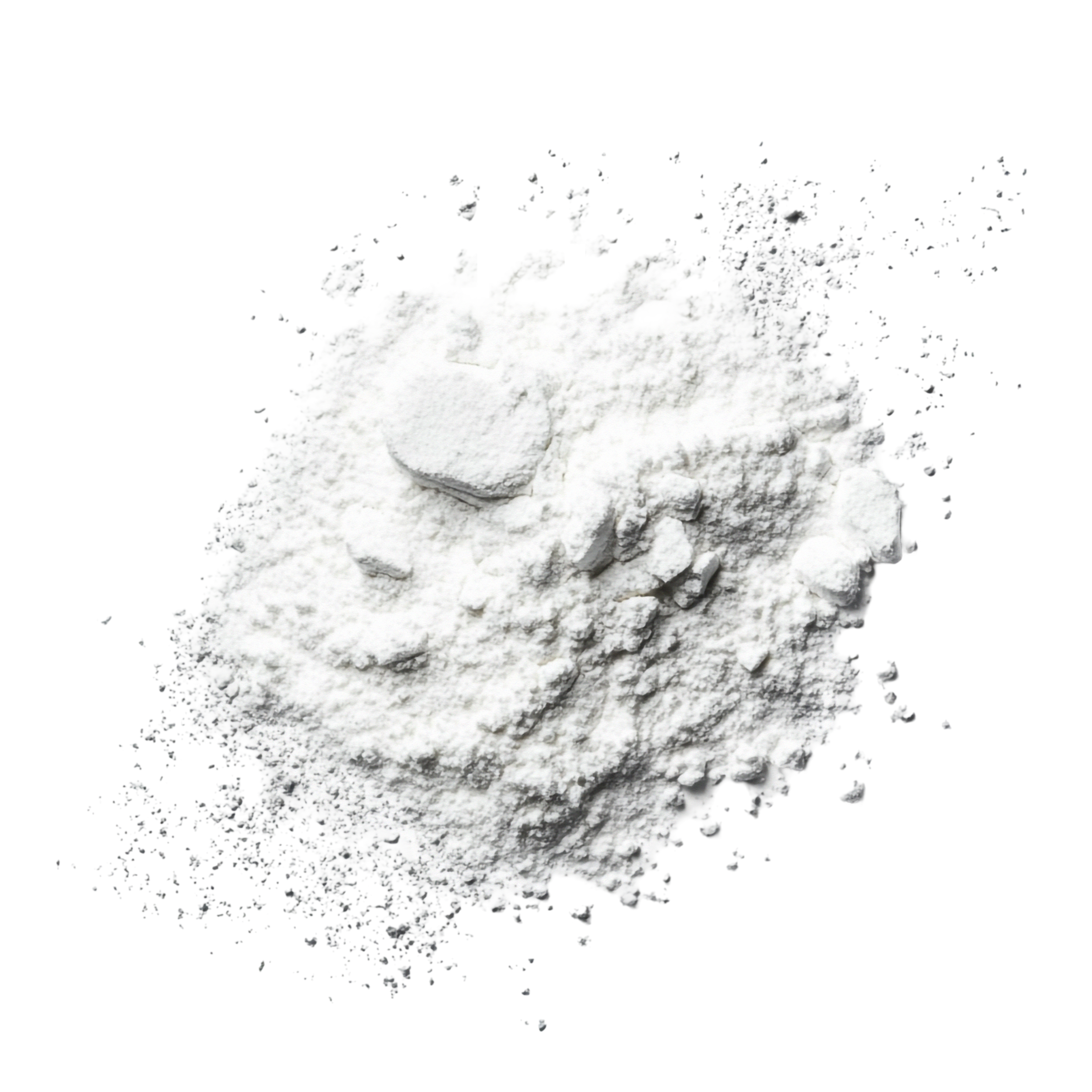 An overhead shot of a pile of white powder on a white background.