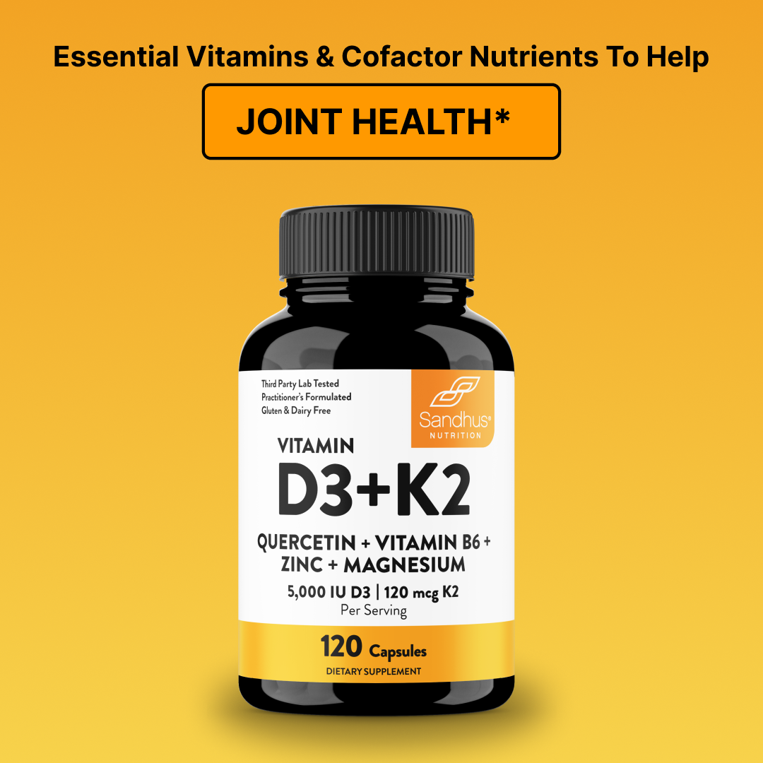 A bottle of Sandhus Nutrition Vitamin D3+K2 joint health supplements on an orange background.