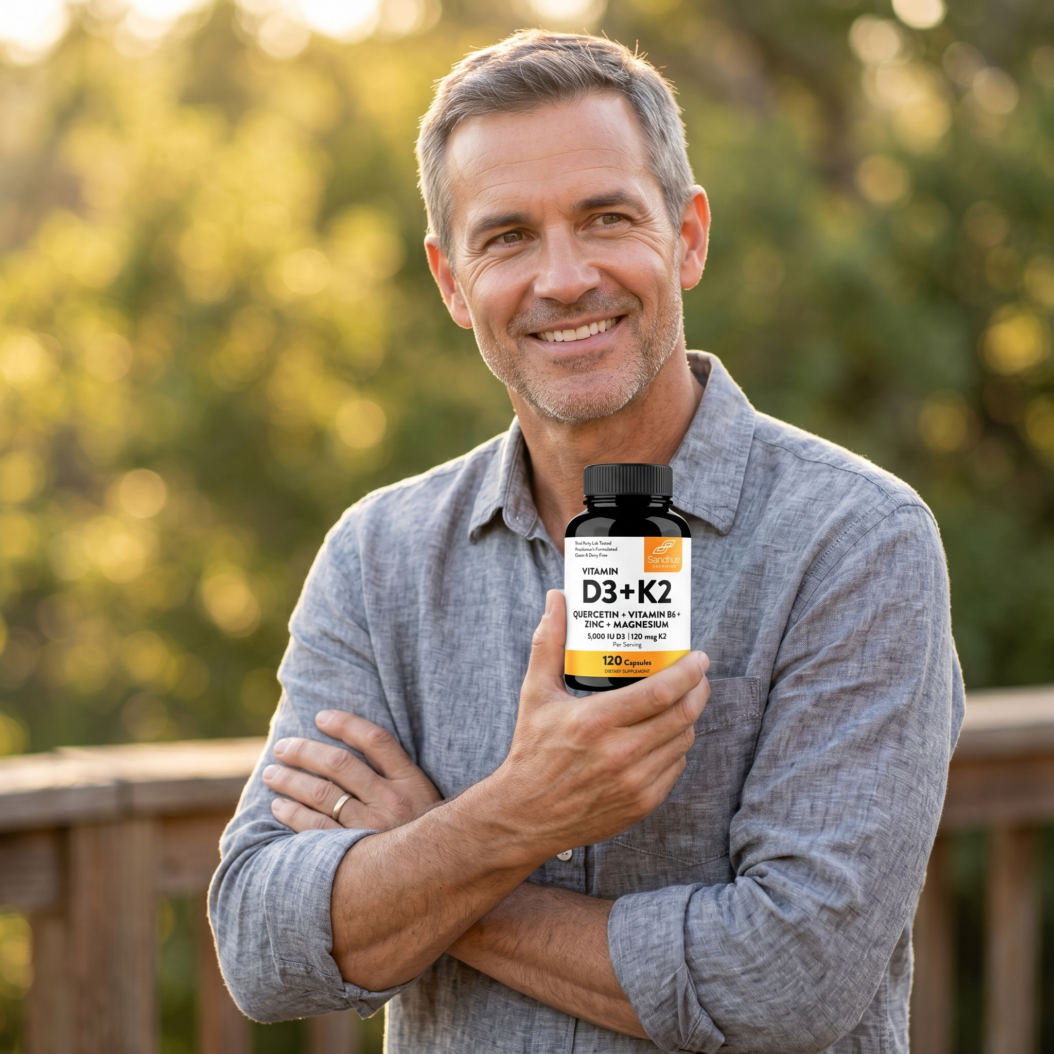 A smiling man stands outdoors holding a bottle of Vitamin D3 + K2 supplements.