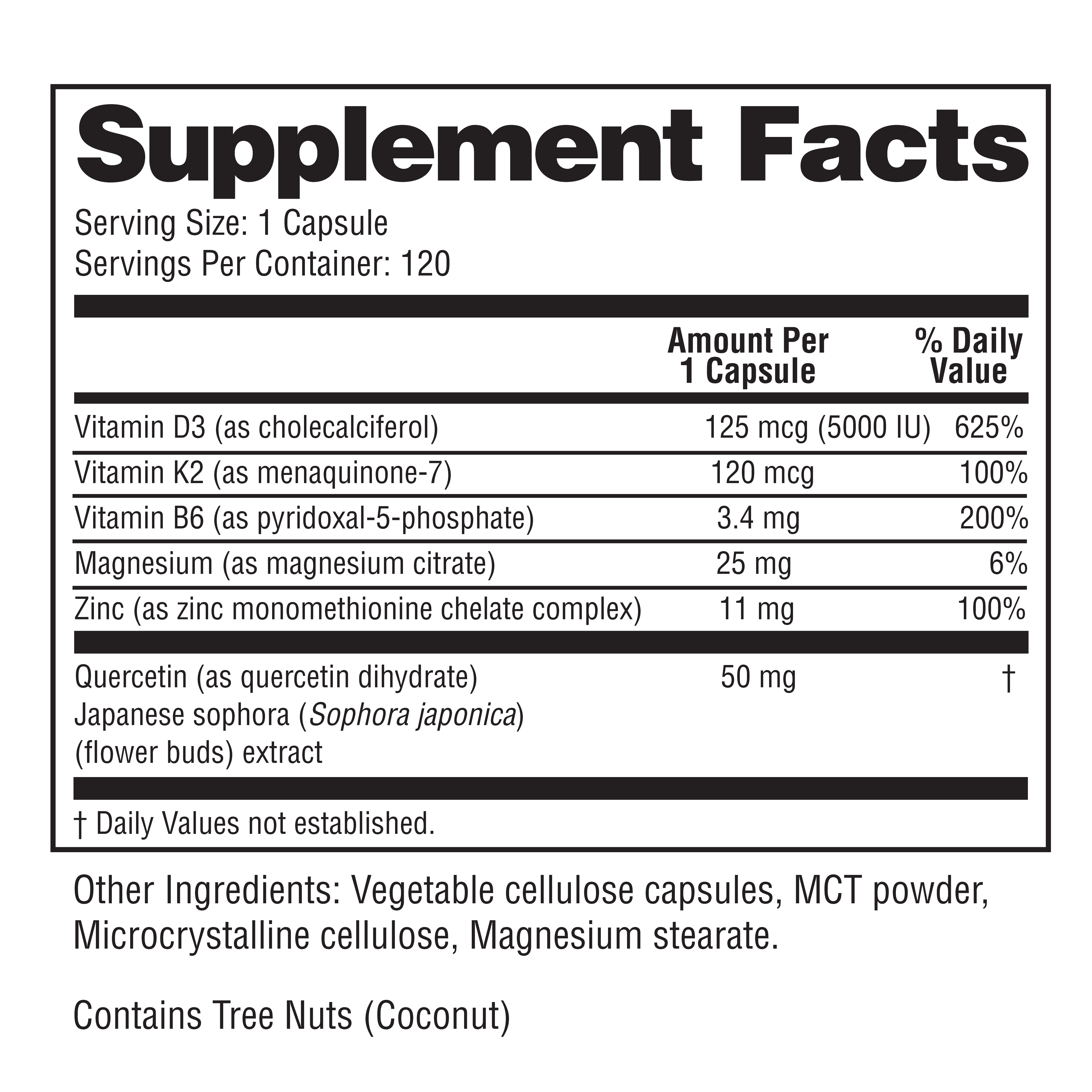 The supplement facts label for a dietary supplement, detailing ingredients, serving size, and daily values.