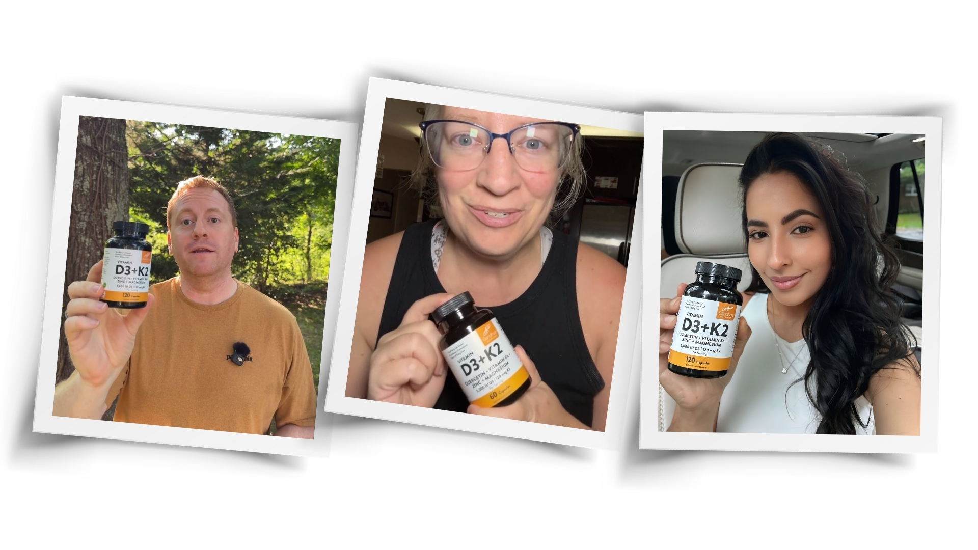 A collage of three different people, each holding a bottle of Vitamin D3+K2 supplements in separate photos.