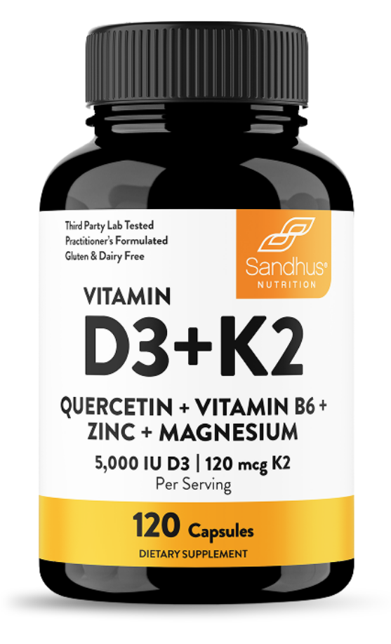A black bottle of Sandhus Nutrition Vitamin D3+K2 dietary supplement, containing 120 capsules.