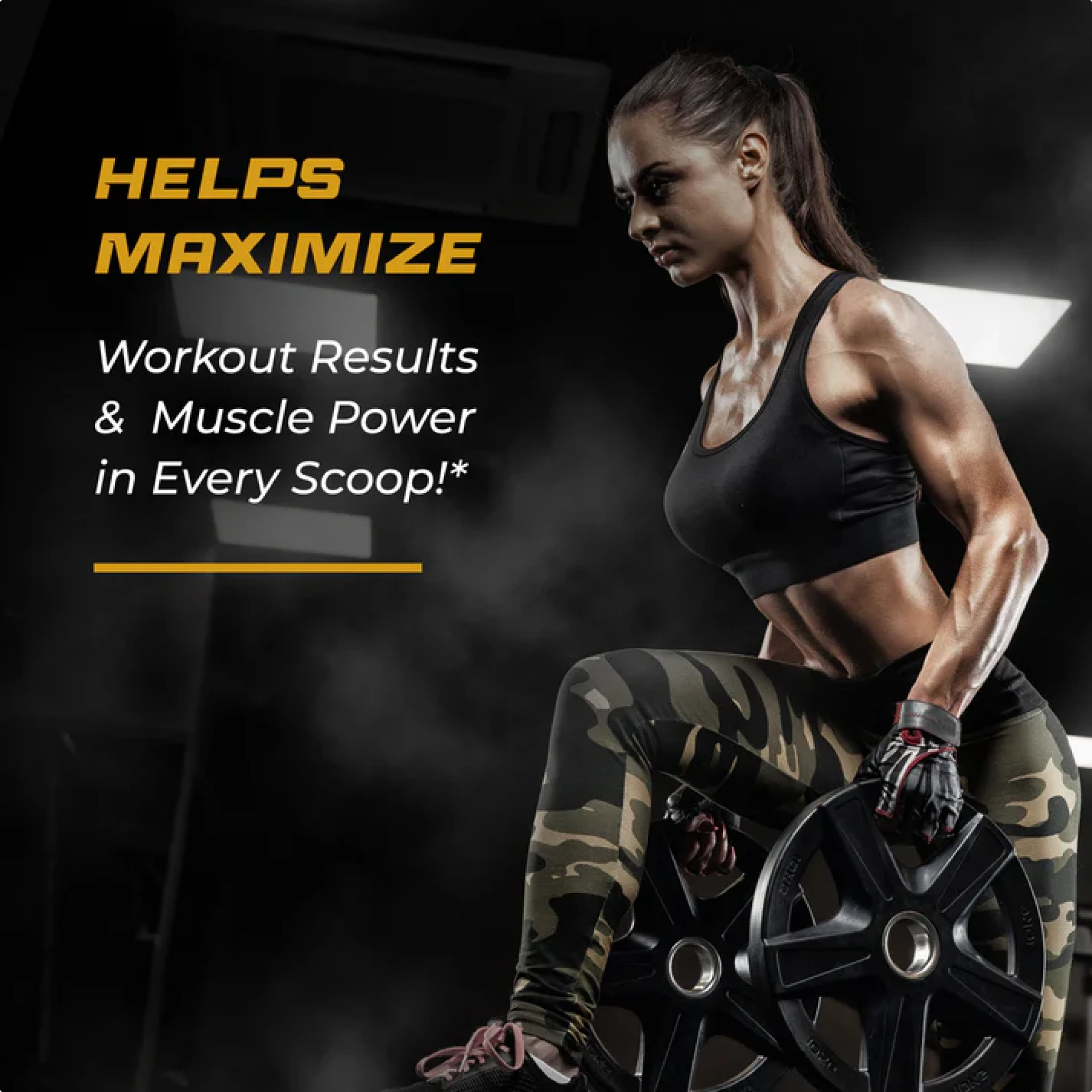 Woman in workout gear holding weights, with text about maximizing workout results.