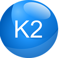 A glossy blue sphere with the white text 'K2' inside it.