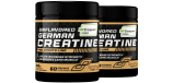 Two black containers of German creatine supplement with labels.