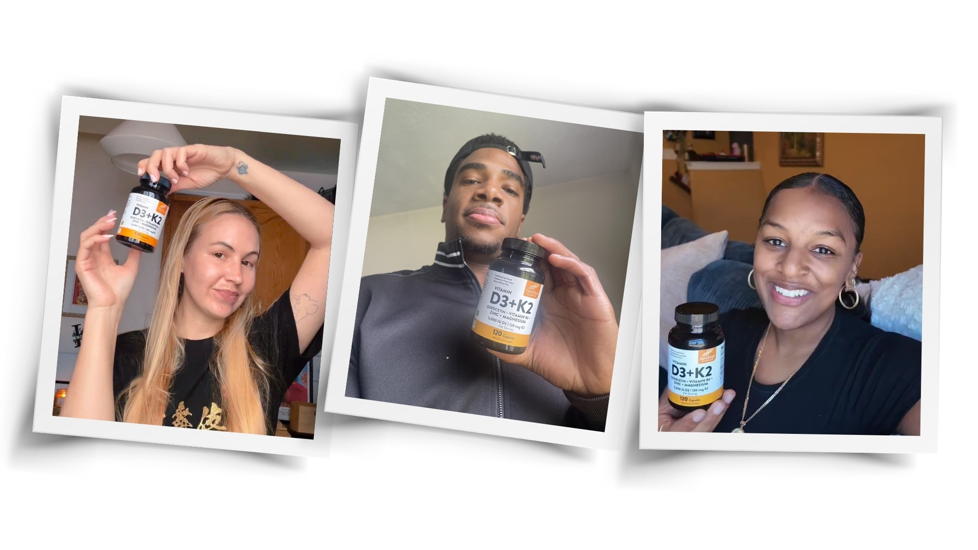 A collage of three photos showing different people holding a bottle of Vitamin D3+K2 supplements.