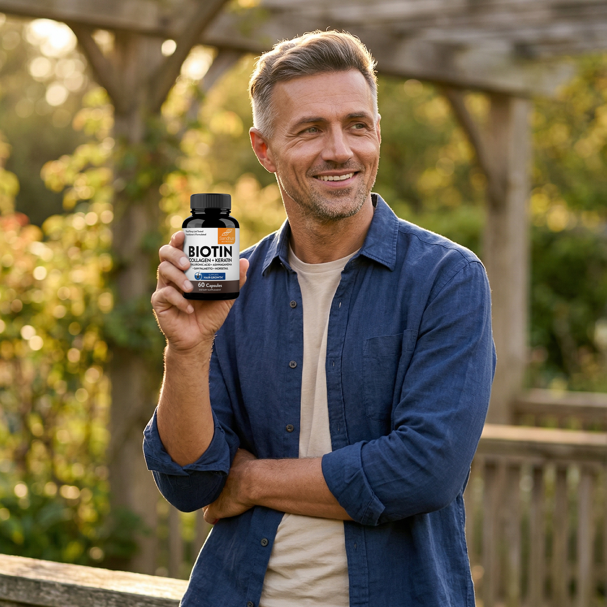 A smiling man in a blue shirt holds a bottle of Biotin, Collagen, and Keratin supplements outdoors.