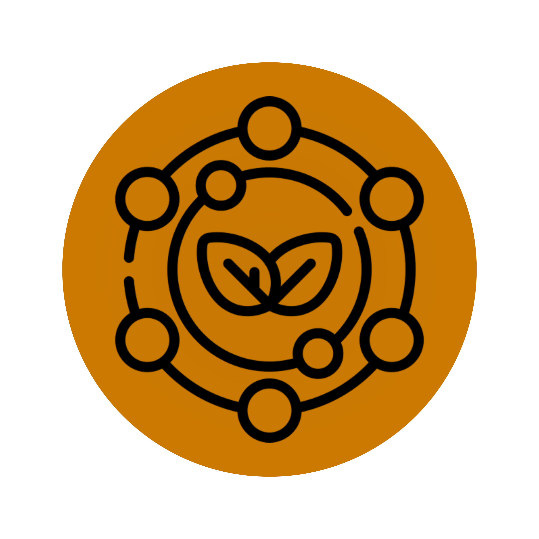An icon of two leaves surrounded by a network of connected circles on an orange background.