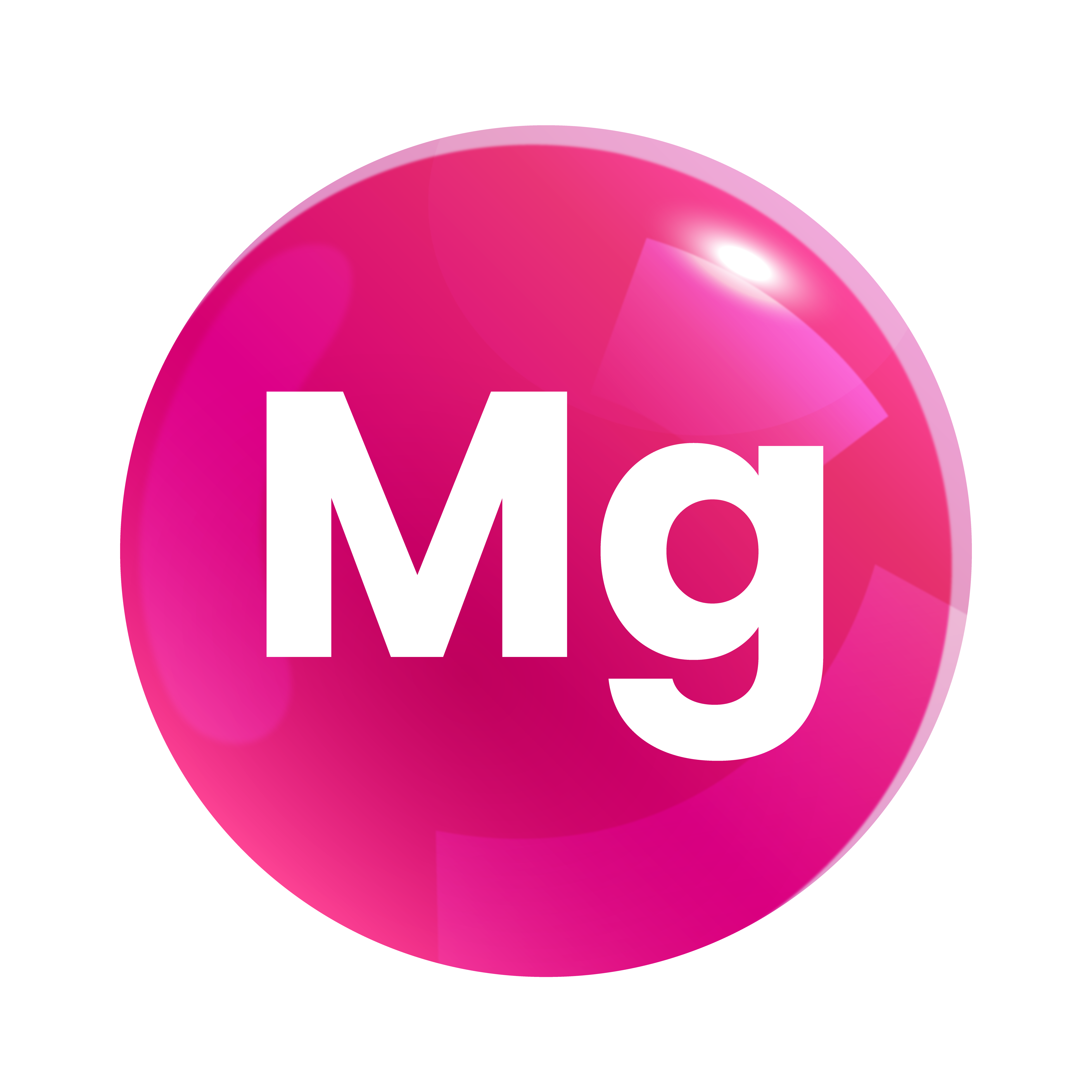 A glossy pink circular icon with the white letters Mg inside, representing Magnesium.
