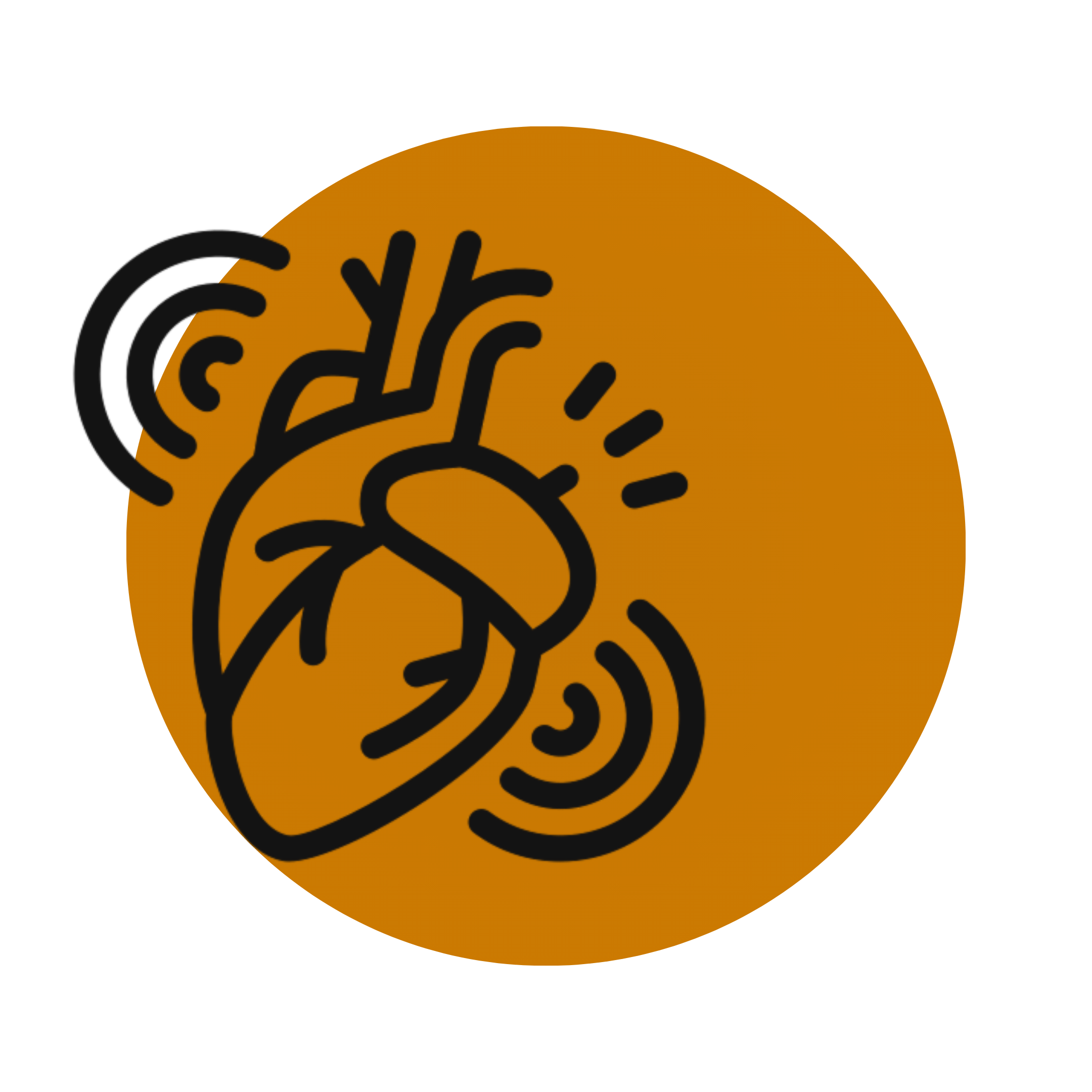 A black line-art icon of a beating human heart over an orange circle on a green background.