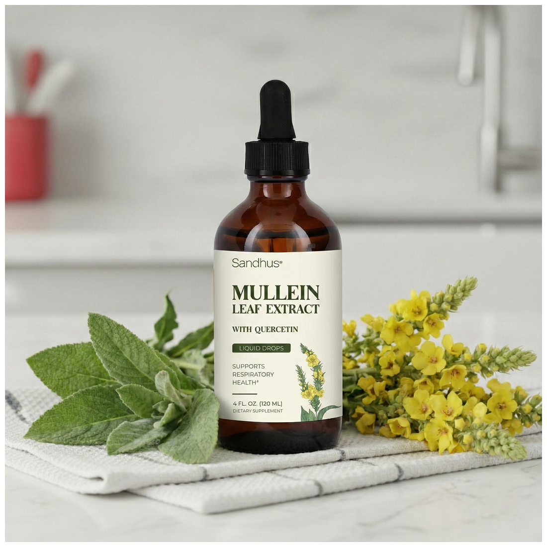 Bottle of mullein leaf extract with leaves and yellow flowers.