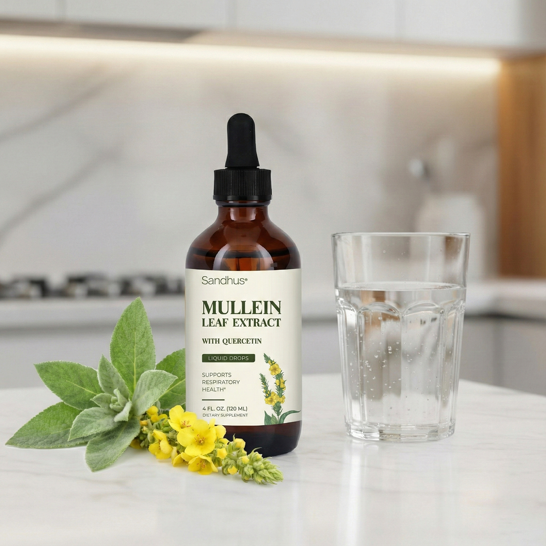 Bottle of mullein leaf extract and glass of water on a kitchen counter.