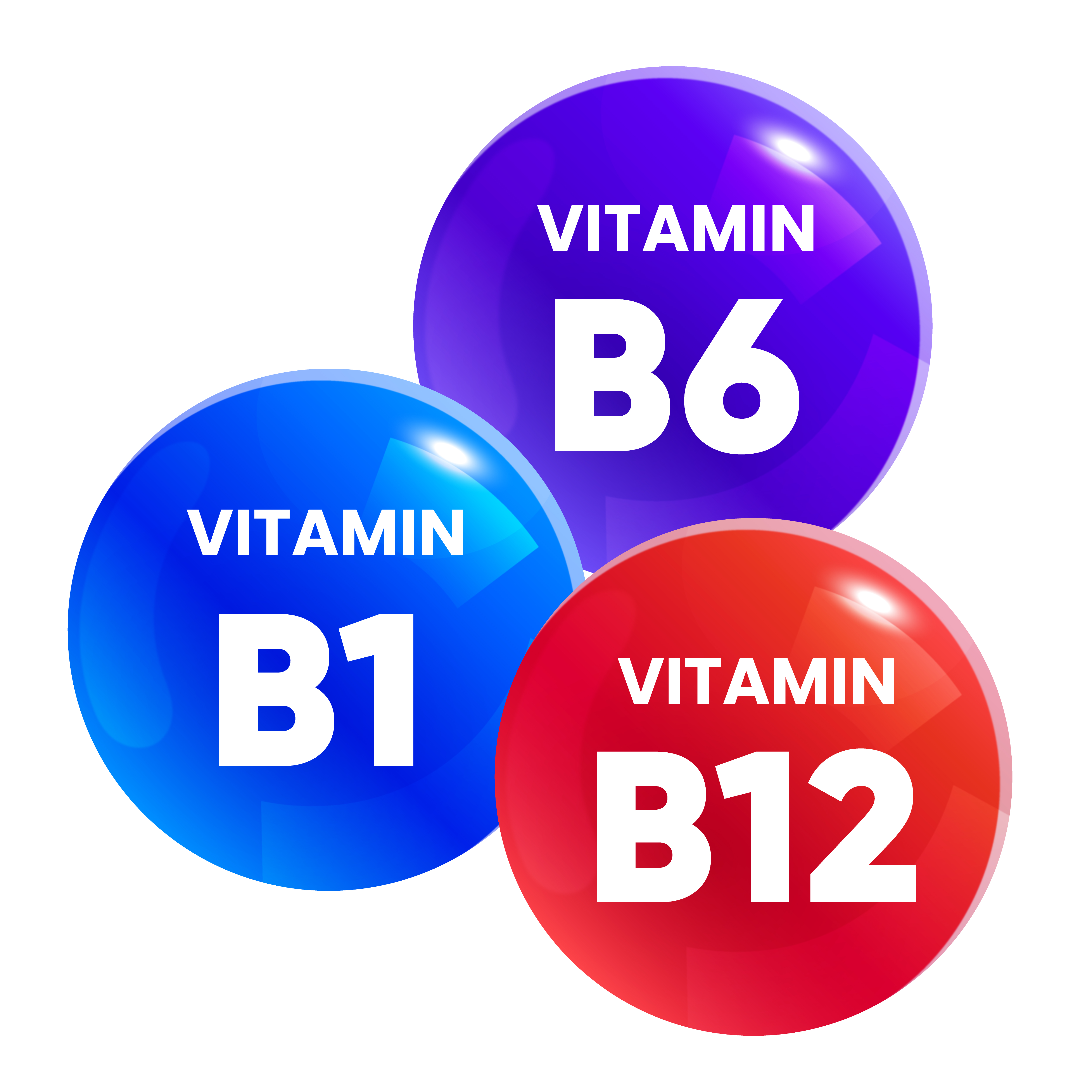 Colorful graphic icons representing Vitamin B1, Vitamin B6, and Vitamin B12 on a white background.