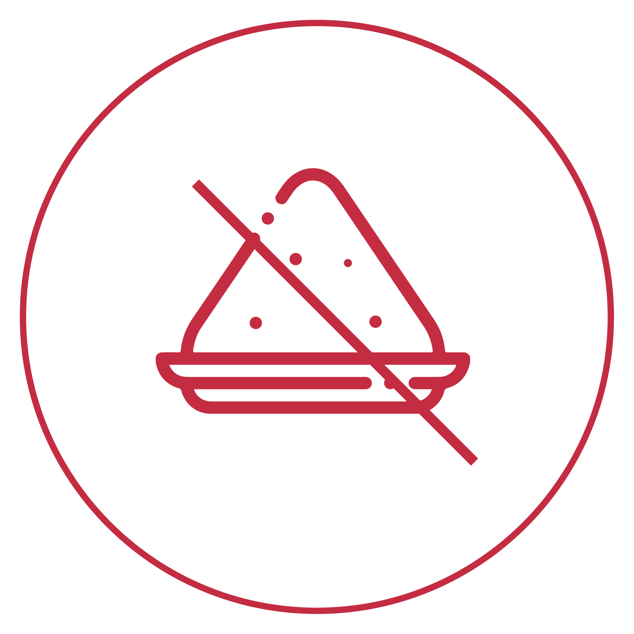 Red line drawing of a sandwich with a diagonal line through it.
