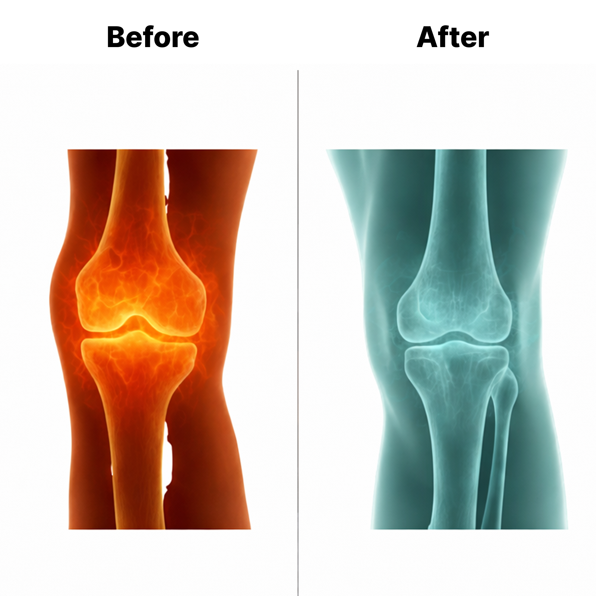 A before-and-after comparison of knee X-rays, showing a red inflamed joint and a blue healthy joint.