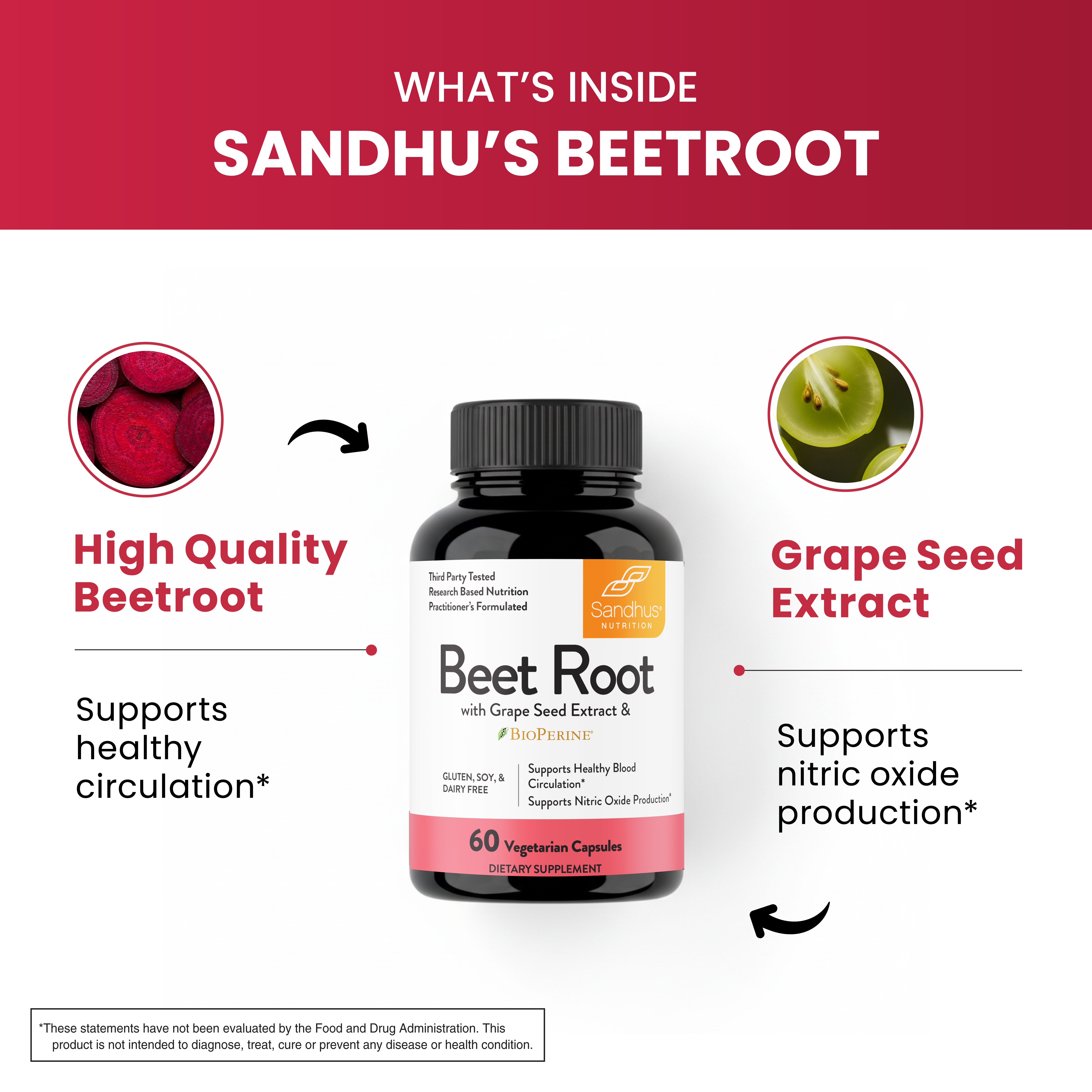Supplement bottle with beetroot and grape seed extract visuals, labeled benefits for health.