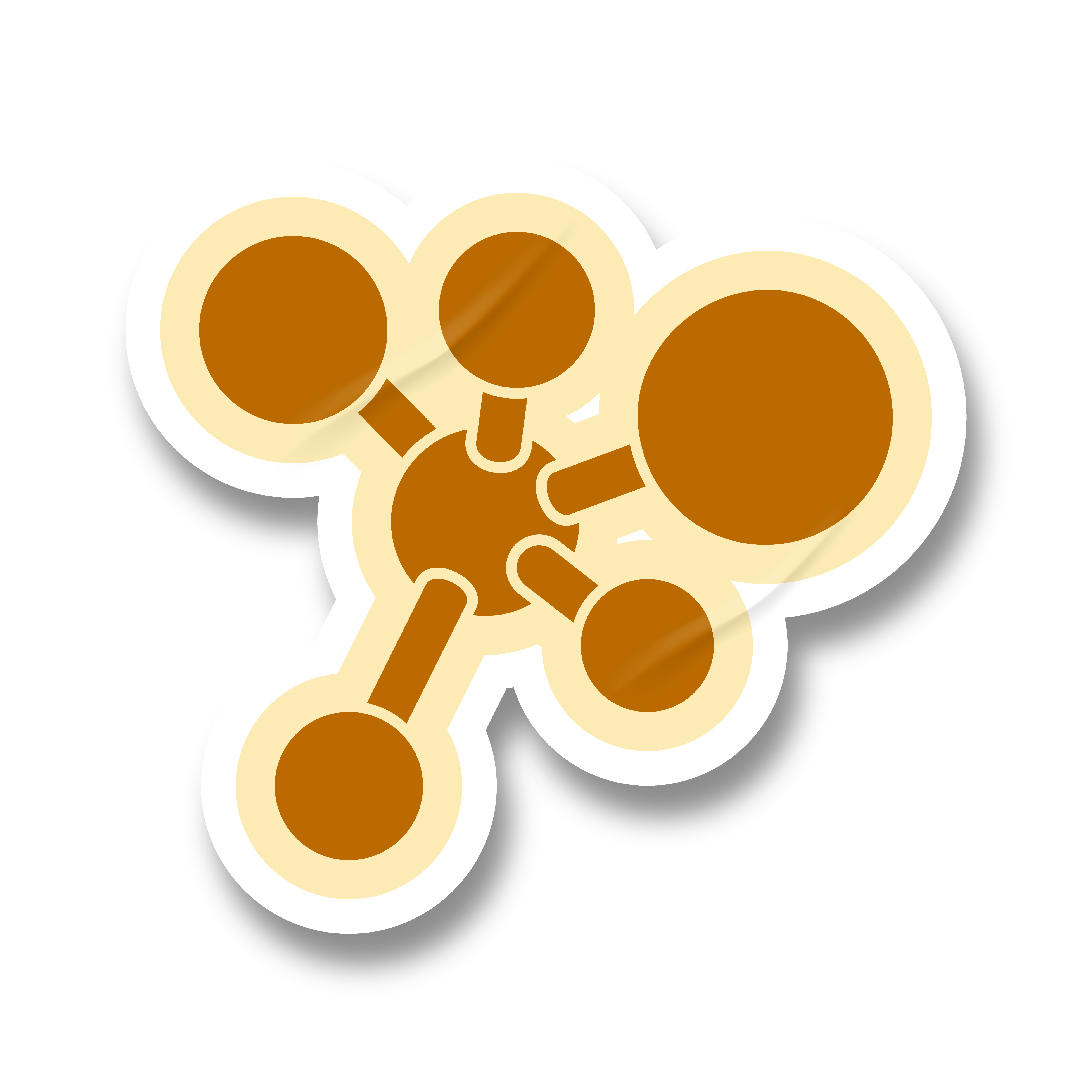 A sticker-style icon of a molecule with connected brown circles on a green background.