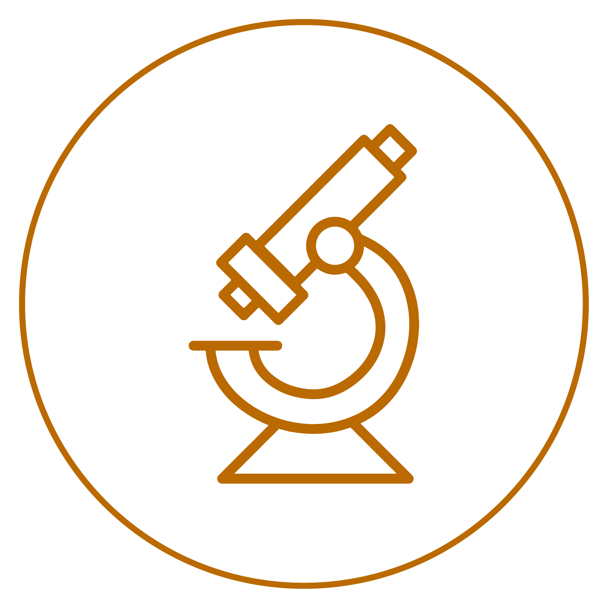 Outline of a microscope inside a circular border on a transparent background.