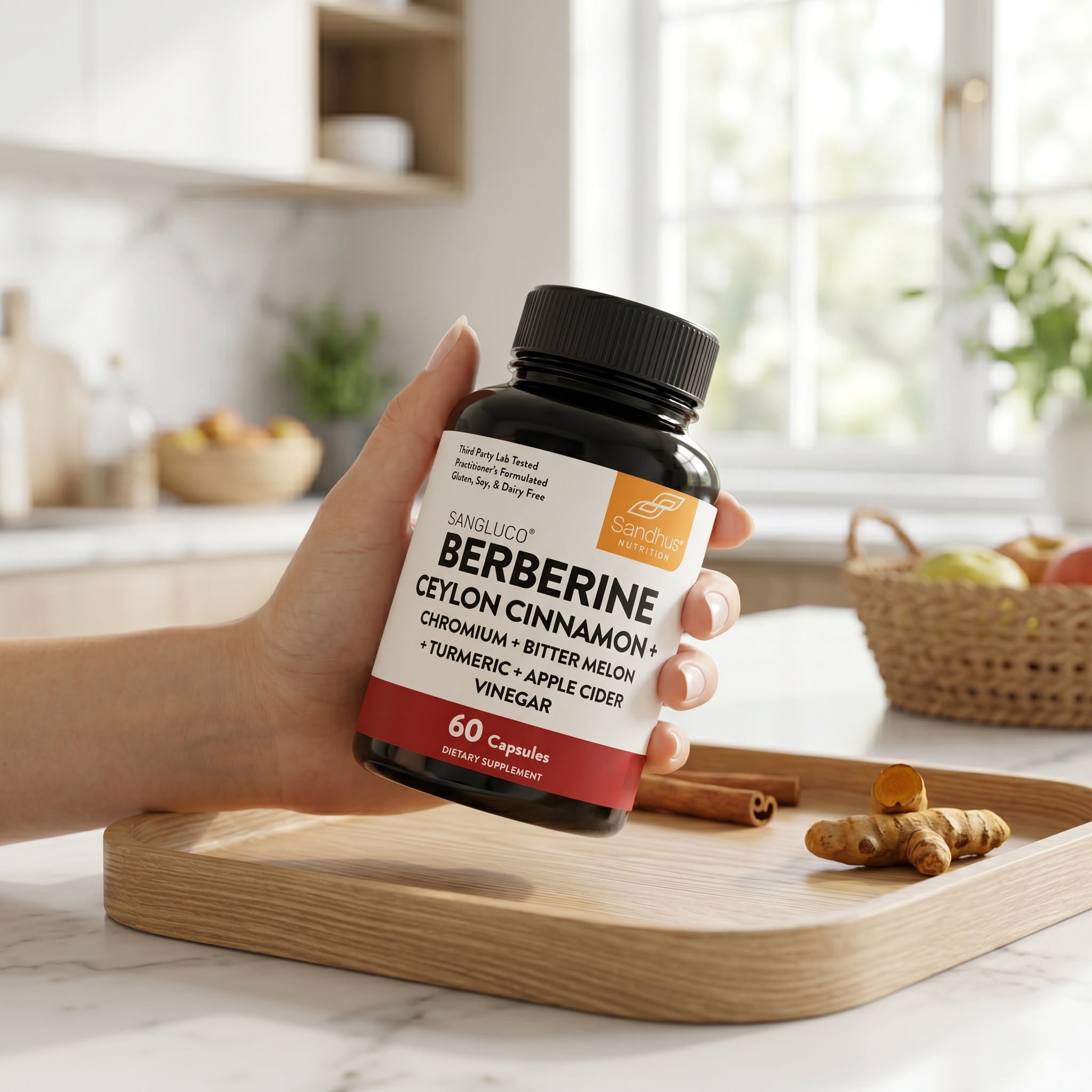 Supplement bottle labeled 'Berberine' with spices and herbs on a red background.
