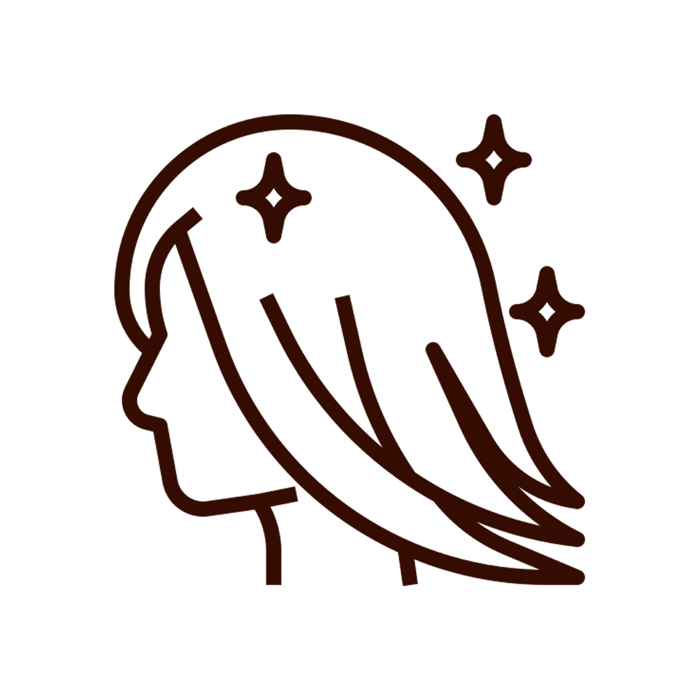 A line drawing icon of a person's profile with shiny, sparkling hair.