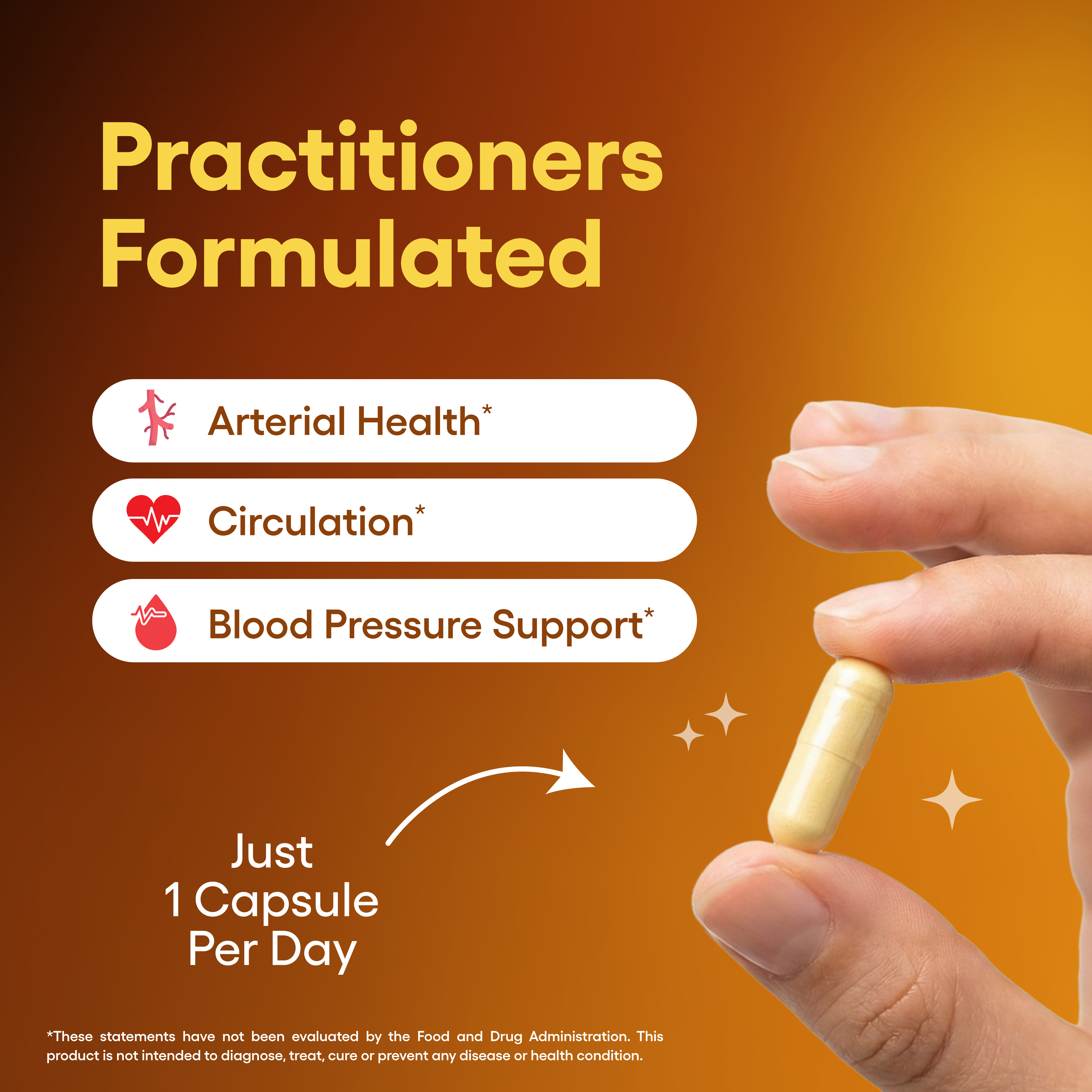 A hand holds a capsule next to text listing benefits for arterial health, circulation, and blood pressure support.