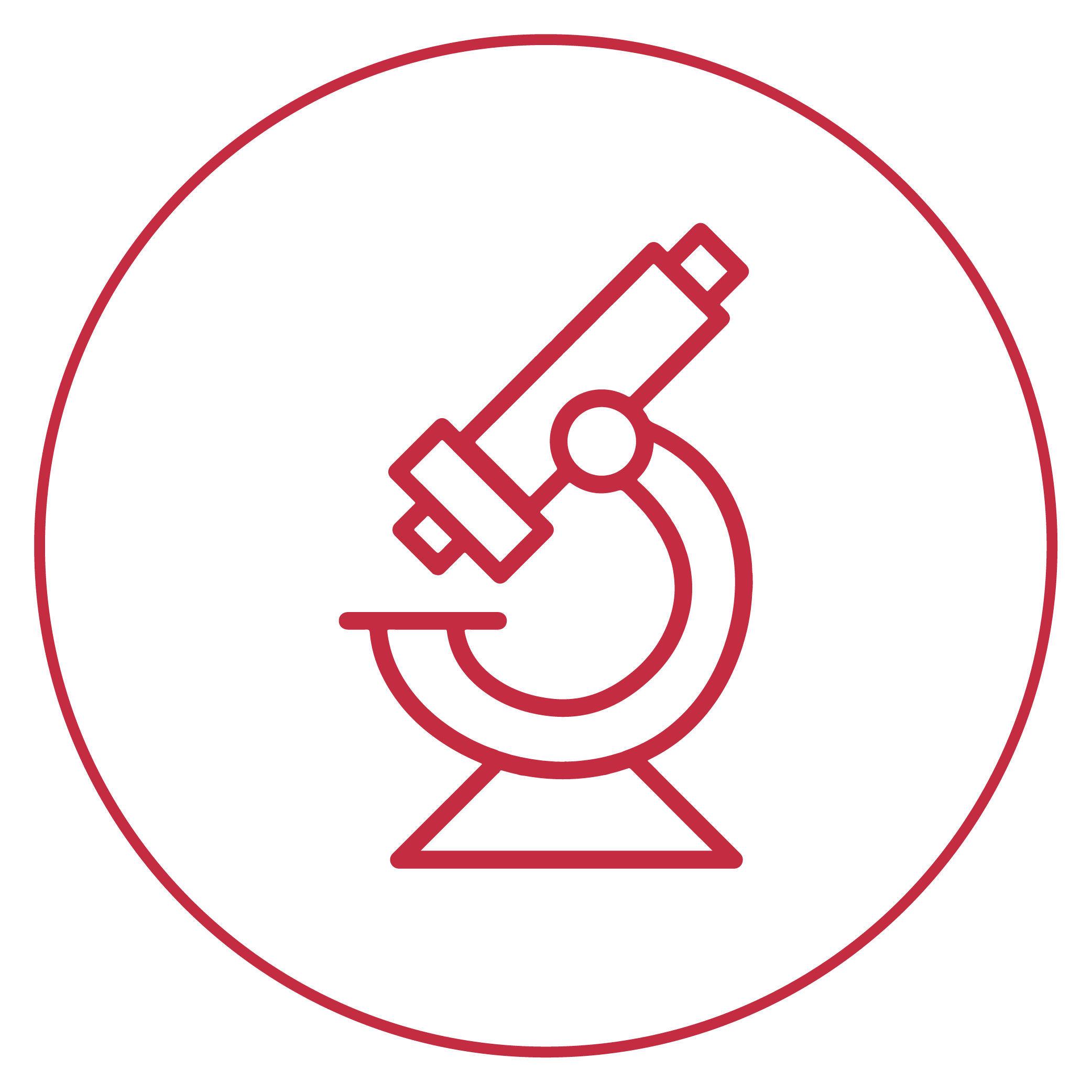 Red outline of a microscope inside a circle on a transparent background.