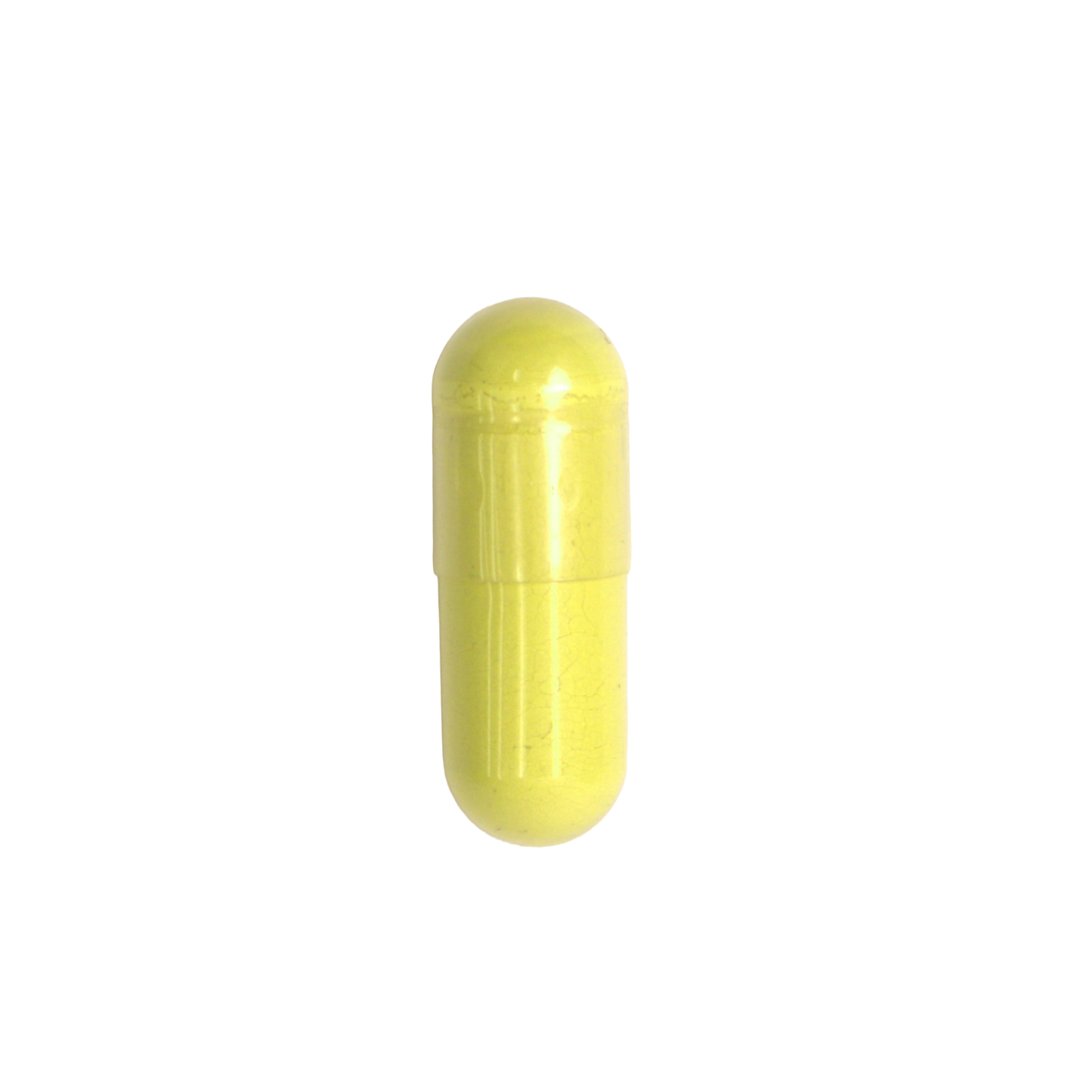 A single yellow-green capsule standing vertically against a solid dark green background.