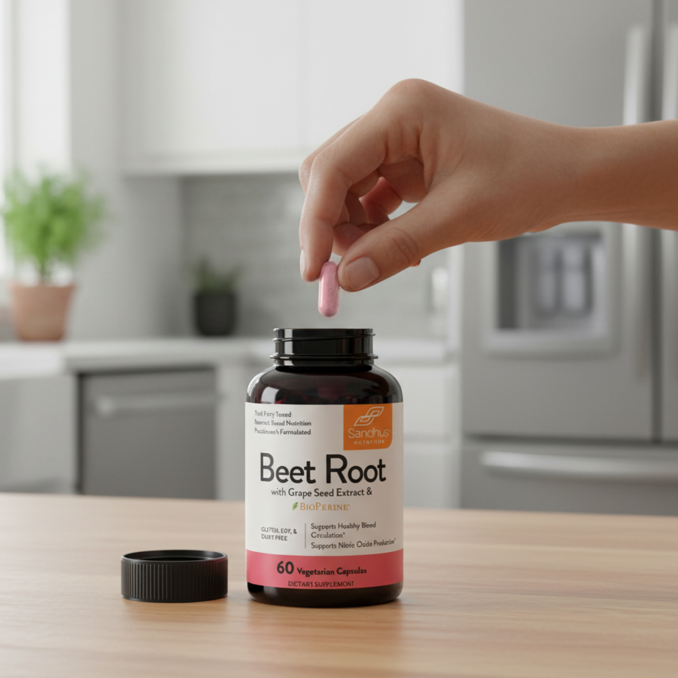 Hand taking a capsule from a beet root supplement bottle on a kitchen counter.
