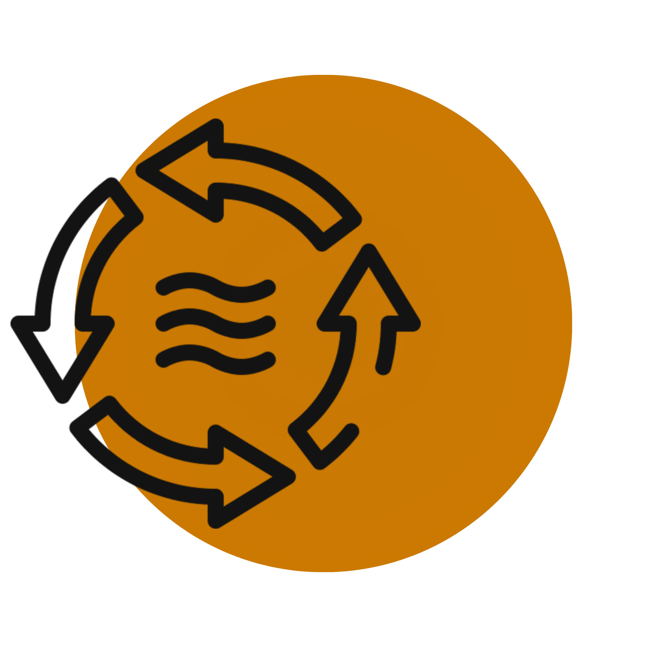An icon of four arrows in a circular motion around three wavy lines, set on an orange circle.