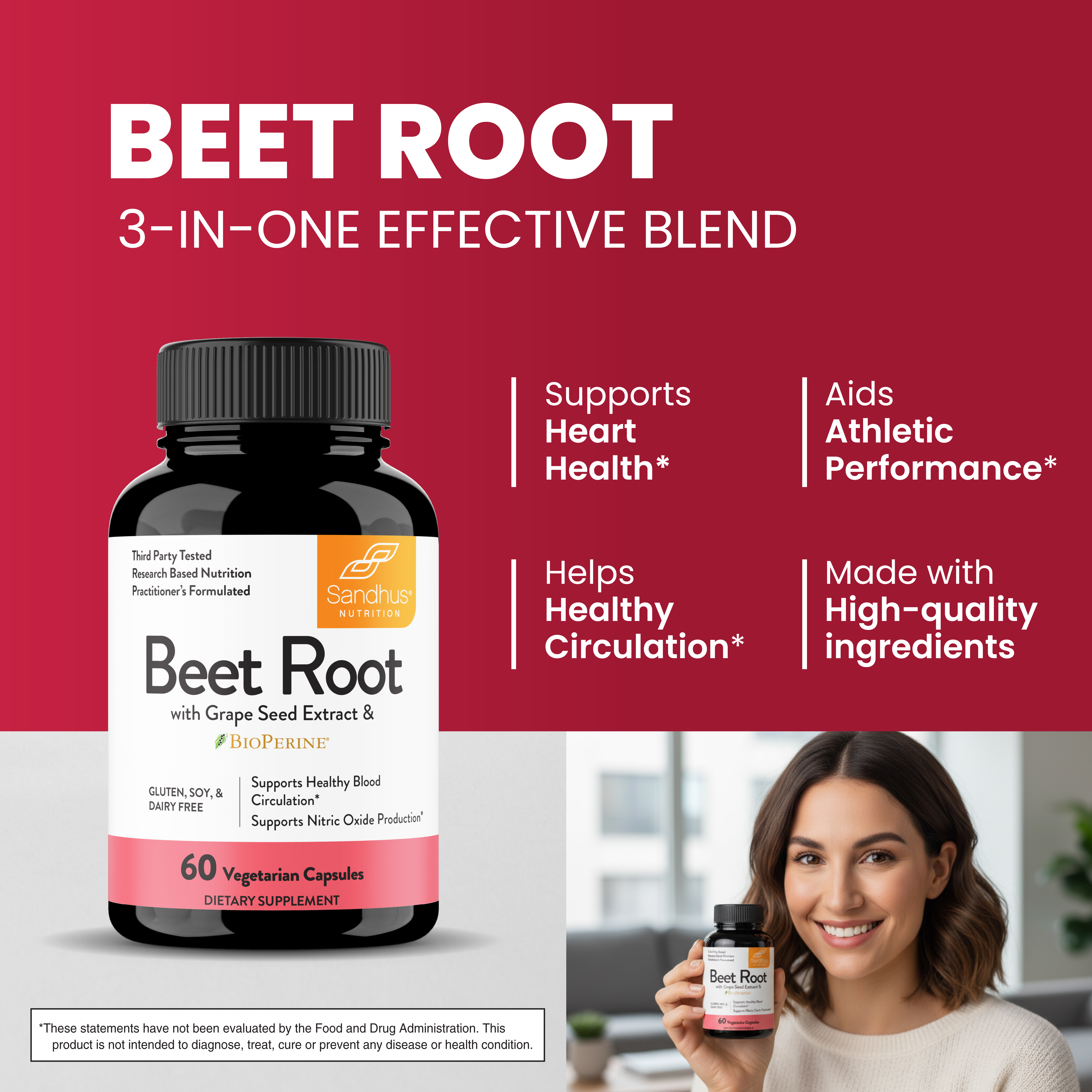 Beet Root supplement bottle with benefits and smiling woman holding the bottle.