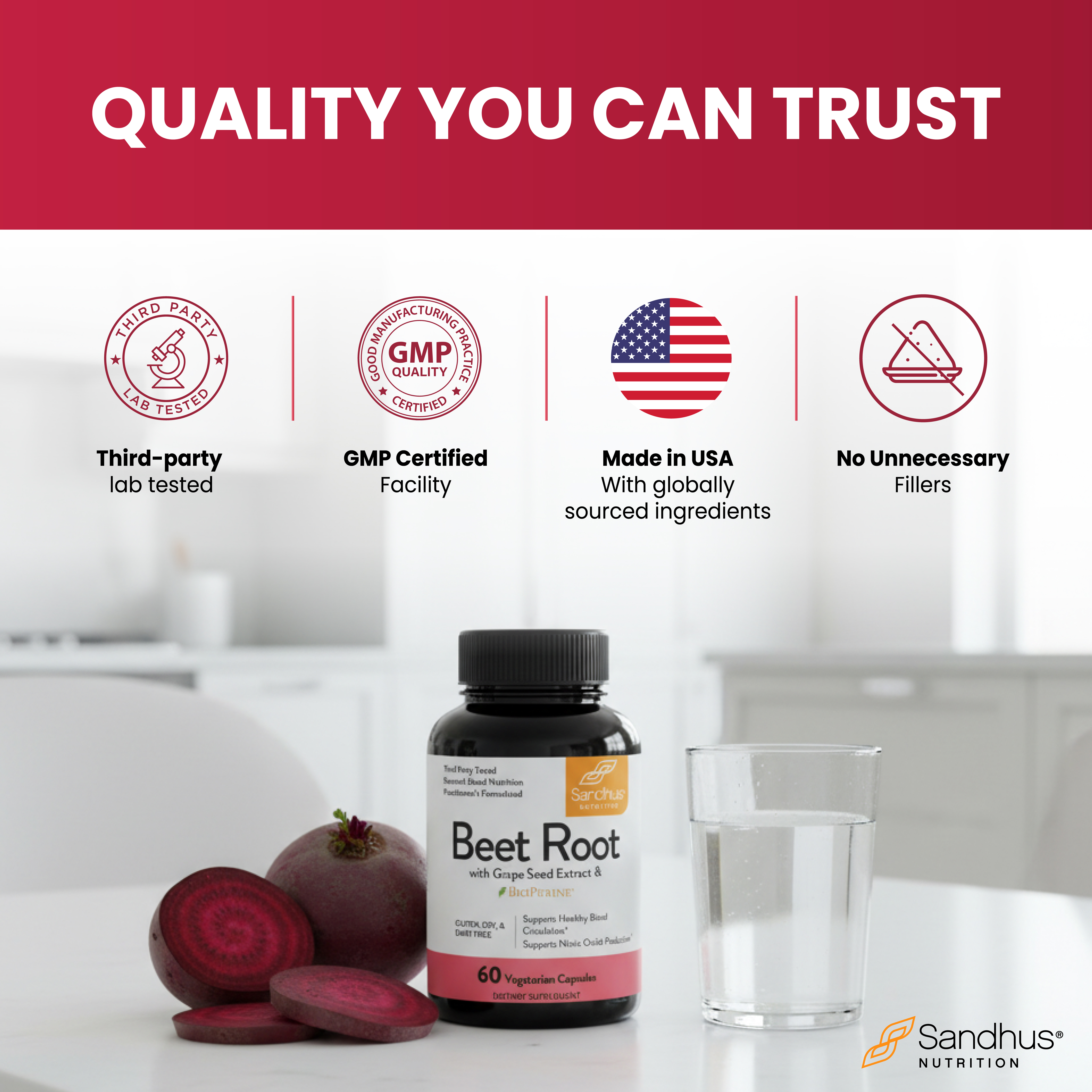 Beet root supplement bottle with sliced beets and a glass of water on a white surface.