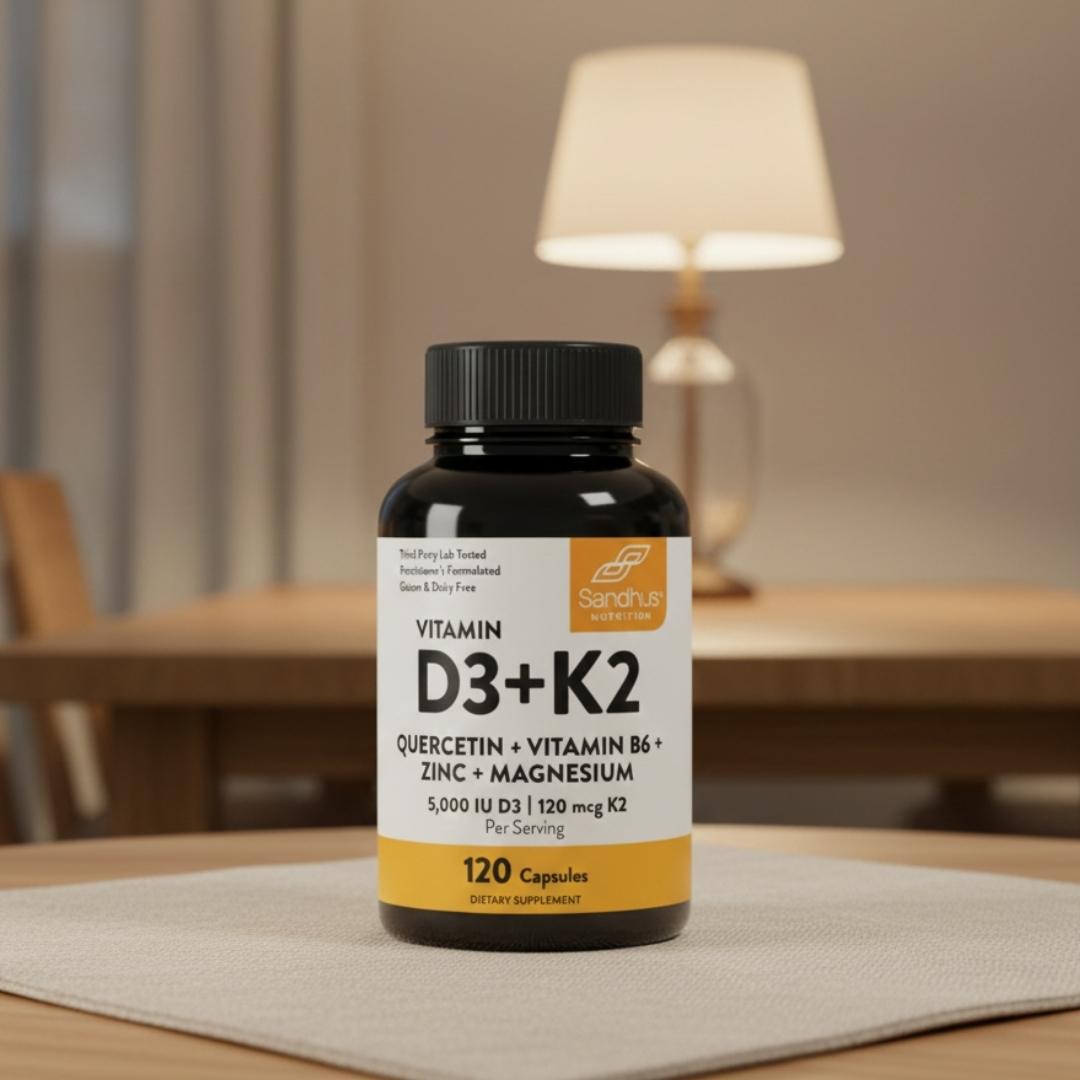 Bottle of Vitamin D3+K2 capsules on a table in warm lighting.