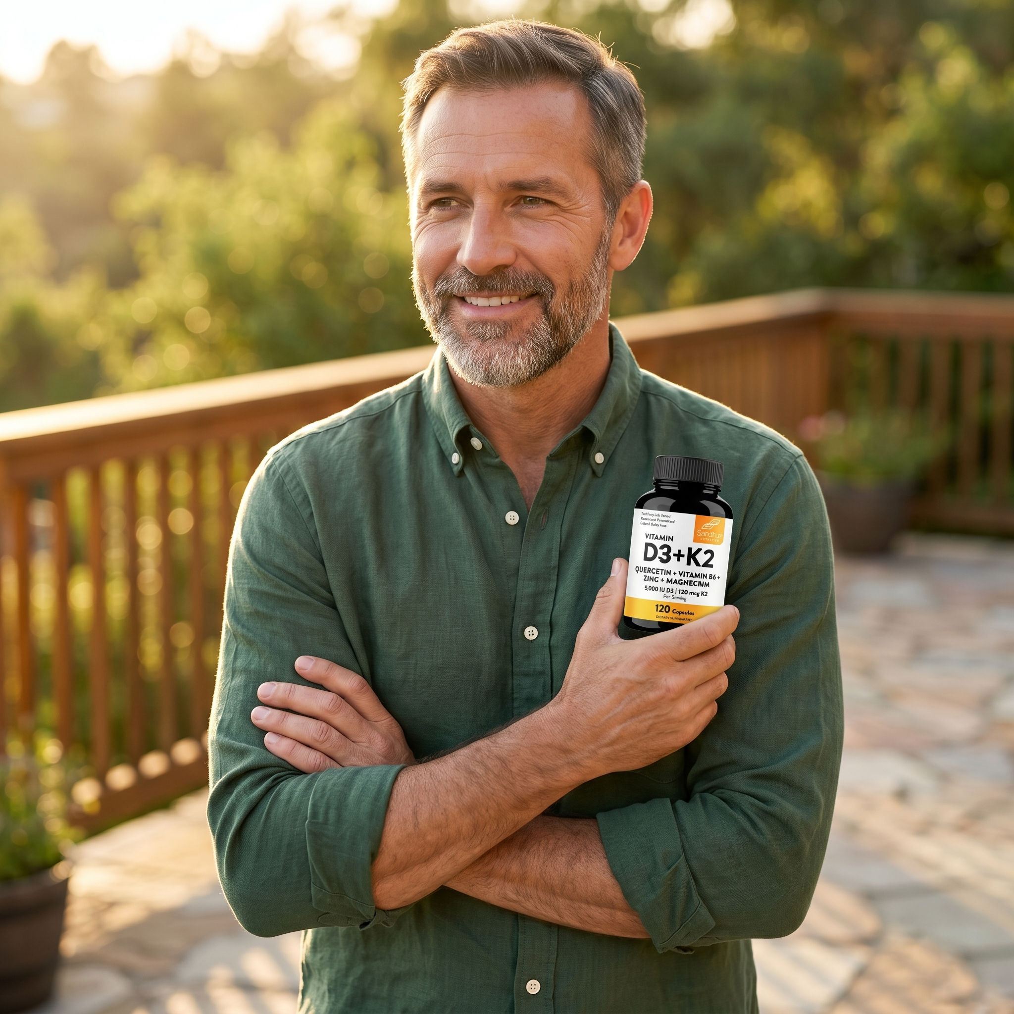 A smiling, middle-aged man in a green shirt holds a bottle of Vitamin D3+K2 supplements outdoors.