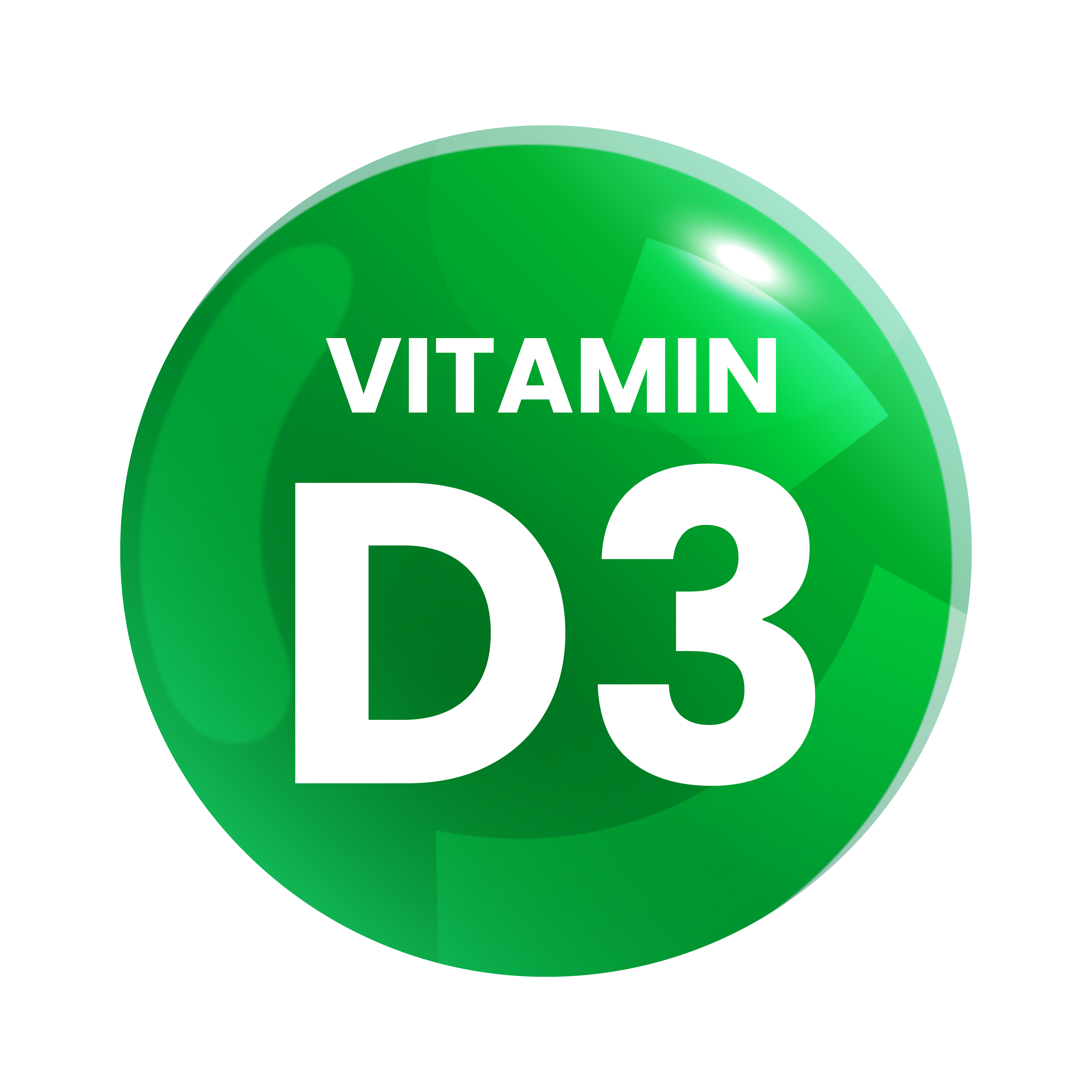 A glossy green circular icon with the words 'VITAMIN D3' in white text on a white background.