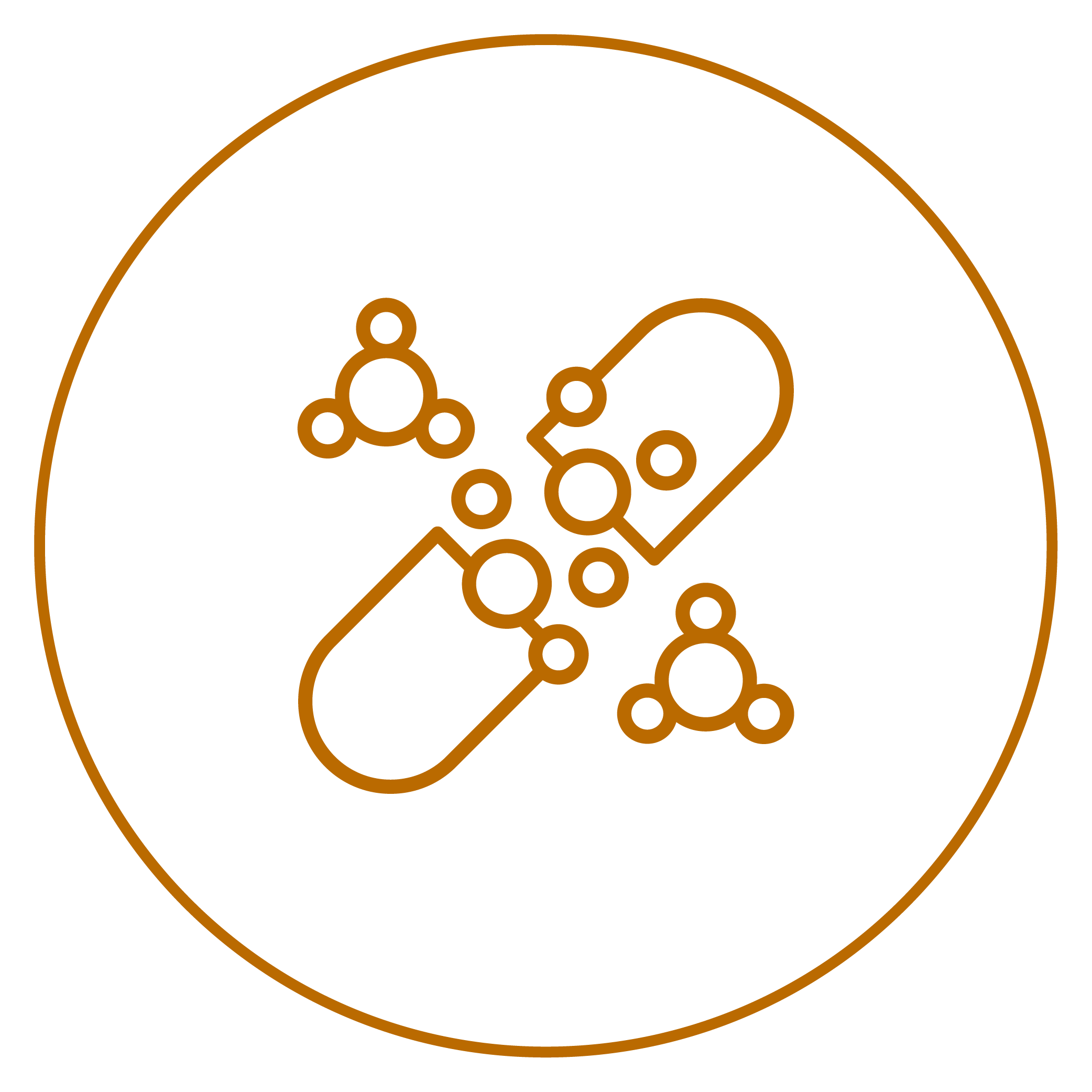Icon of a pill with molecular shapes inside a circle.